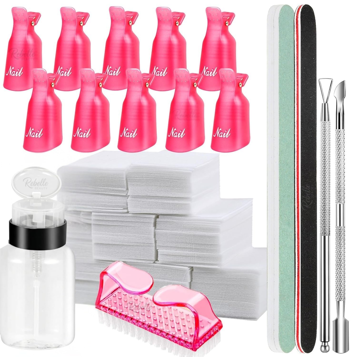 Nail Polish Gel Remover Tools Kit with Nail Clips, 100ml Nail Polish Remover Bottle, 500 Nail Remover Cotton Pad, Nail Brush, Cuticle Pusher/Peeler, 100/180 Nail File,Buffer Block-image-13