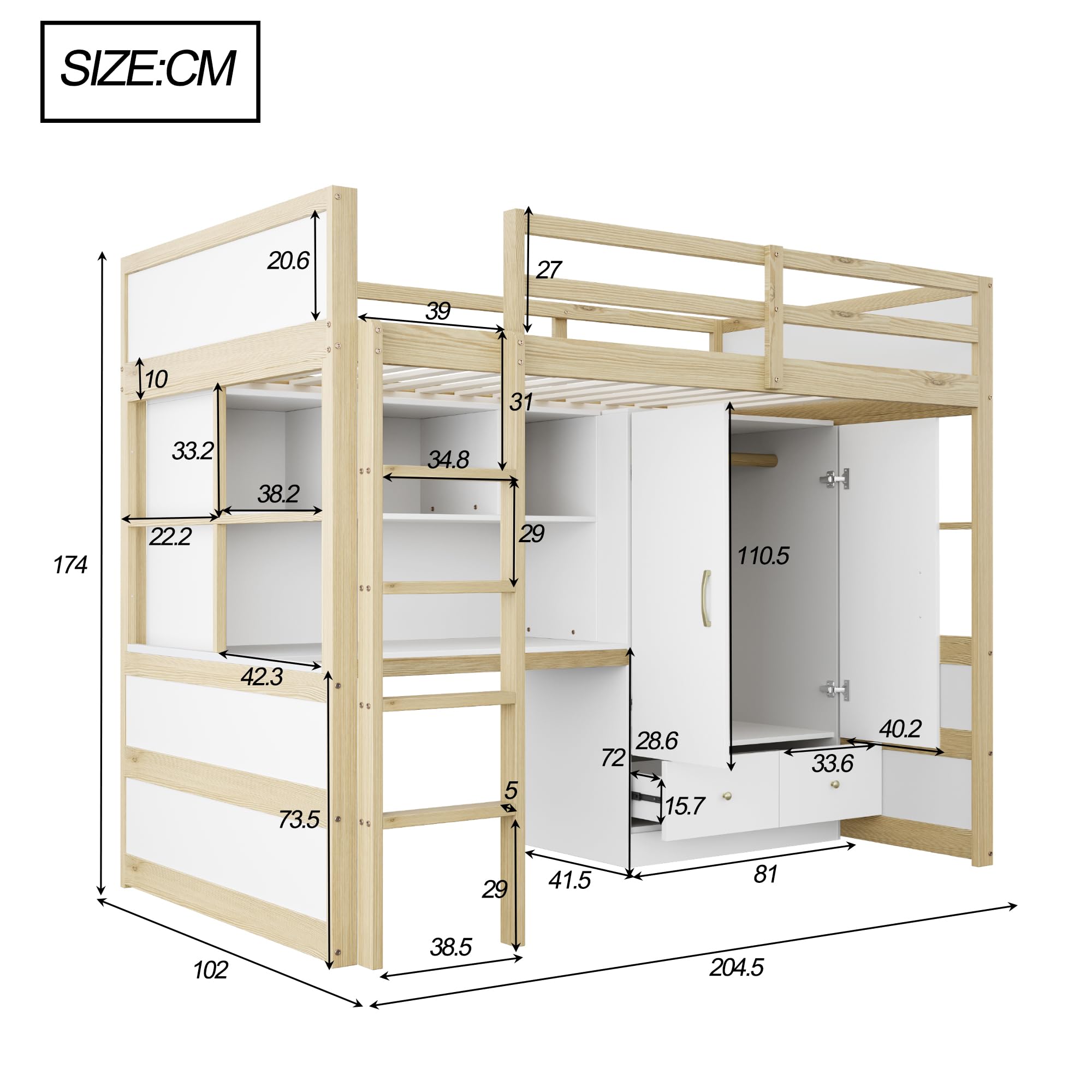 Letto a soppalco 90 x 200 cm – Con scaletta, scrivania con vani contenitore, armadio e cassetti – Letto per bambini/Letto per ragazzi/Letto singolo (I)