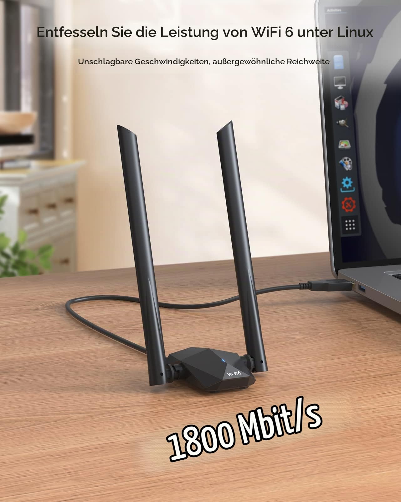 BrosTrend AX1800 WiFi 6 WLAN Stick Linux für PC, High Gain Große Reichweite | Kompatibel mit Ubuntu, Mint, Debian, Kubuntu, Lubuntu, LMDE, Mate, PureOS, Windows 11/10, WiFi Antennen Dual Band 5GHz + 2.4G