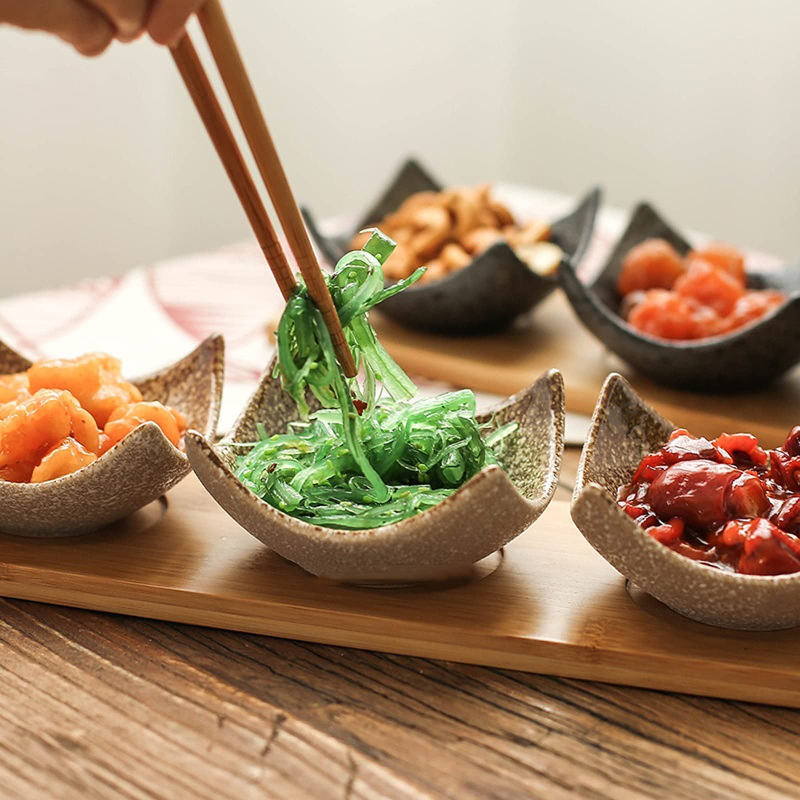 Plato para Aperitivos, Cuenco de cerámica con Bandeja de Madera, Plato para Aperitivos y Dulces, Plato para Salsa Dividido, vajilla, Cuenco para Aperitivos