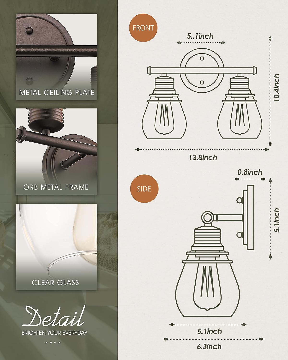 Audickic 2-Light Farmhouse Vanity Light Fixture, Vintage Over Mirror Wall Lamp for Bathroom, Clear Glass Shades and Oil Rubbed Bronze Metal, AD-2119-2W