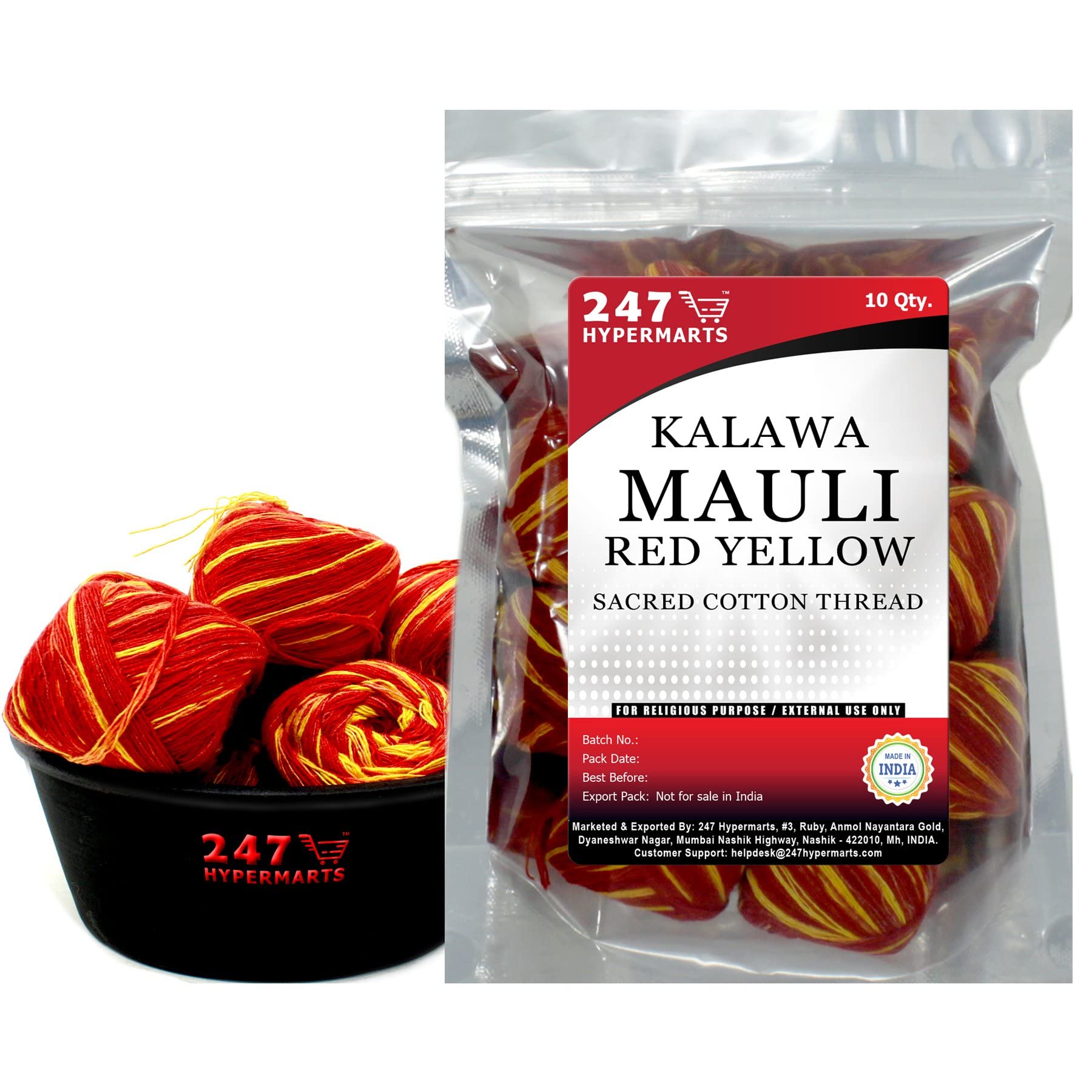 247 Hypermarts Mauli Thread (10 Red Yellow Spools) Handmade Kalawa Moli Wrist Thread Raksha Sutra. Laccha Wrist Roll Band Cotton Kachha Dhaga for Home Puja, Rakhi, Diwali Pooja & Havan Yagya Samagri