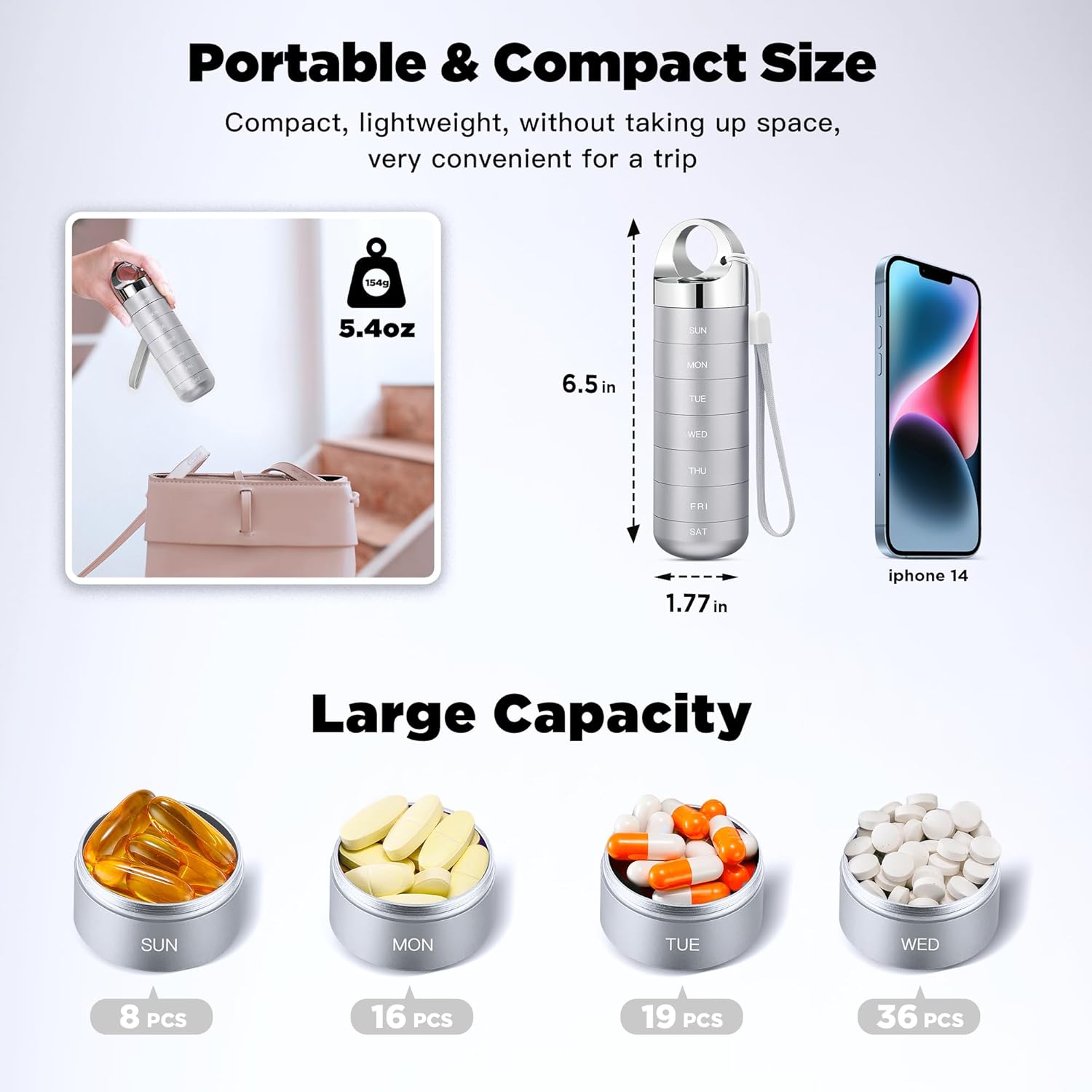 Zannaki Metal Travel Pill Organizer, Portable Waterproof Weekly Pill Box, Large Aluminum Alloy Pill Case Container, BPA Free 7 Day Daily Medicine Organizer Holder for Vitamin, Fish Oil, Supplement