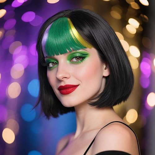 Miniatura 5 de ANOGOL Gorro de pelo + peluca de Mardi Gras, pelucas moradas, verdes y amarillas, peluca negra Bob con flequillo, traje de Mardi Gras para mujer,