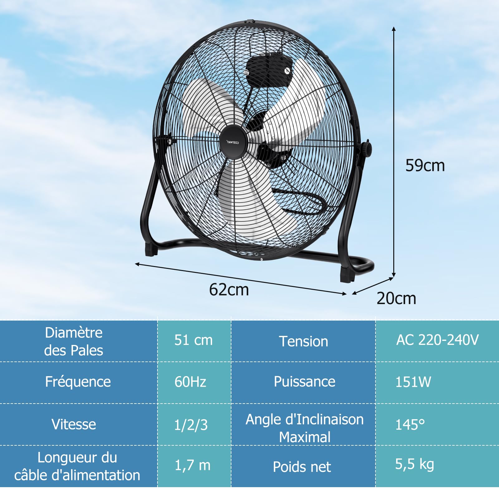 SOARS Ventilateur de Sol 151,5W, 62 X 20 X 59 CM, avec 3 Niveaux de Puissance, Angle d'Inclinaison 145°, Ventilateur en Métal avec Poignée, Haut Débit d'Air, Noir