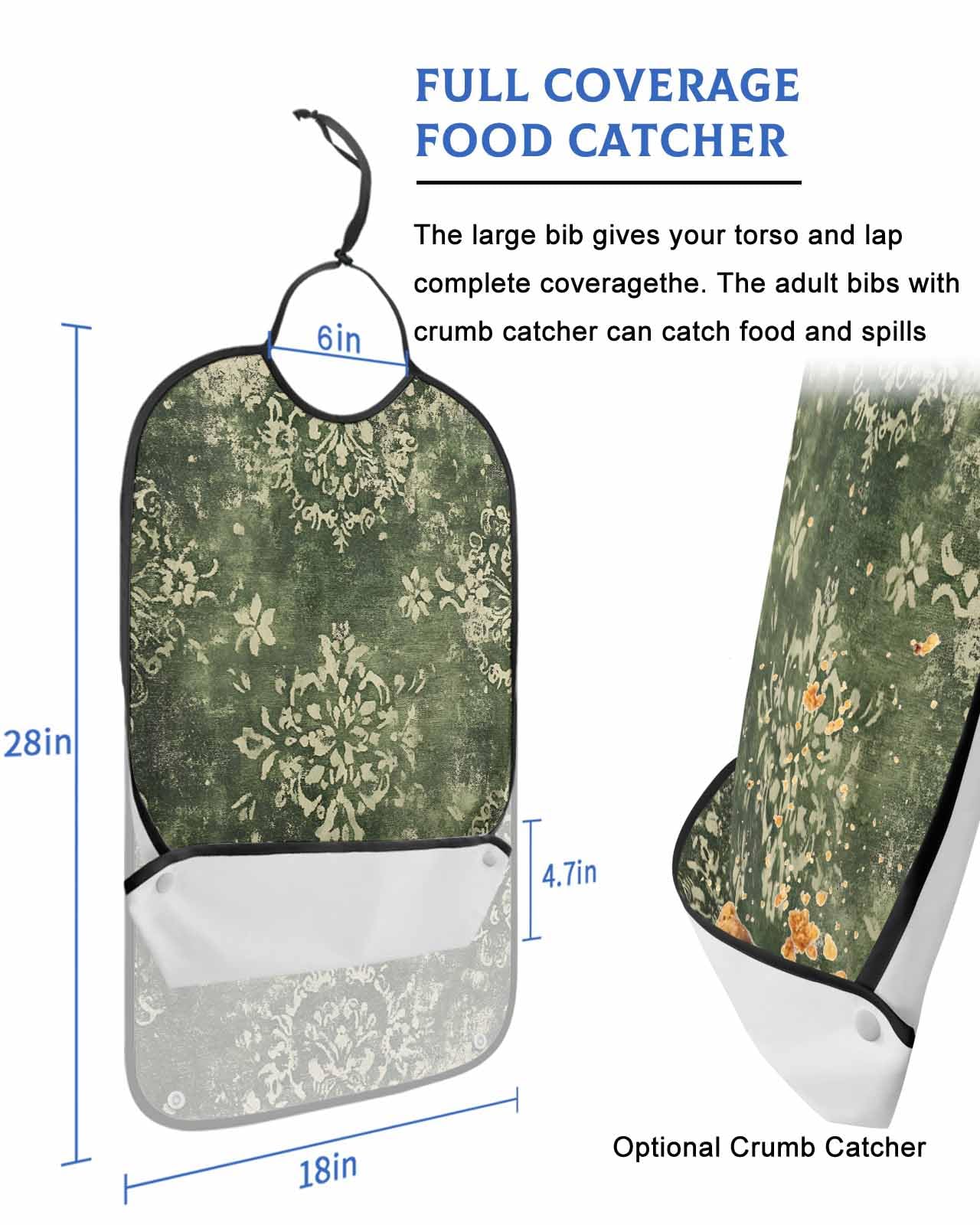 Traditional Green Adult Bib for Adults Men, Women, Boho Ethnic Oriental Rustic Floral Washable & Adjustable Terry Cloth Bib with Crumb Catcher Reusable Waterproof Clothing Clothes Protector Apron