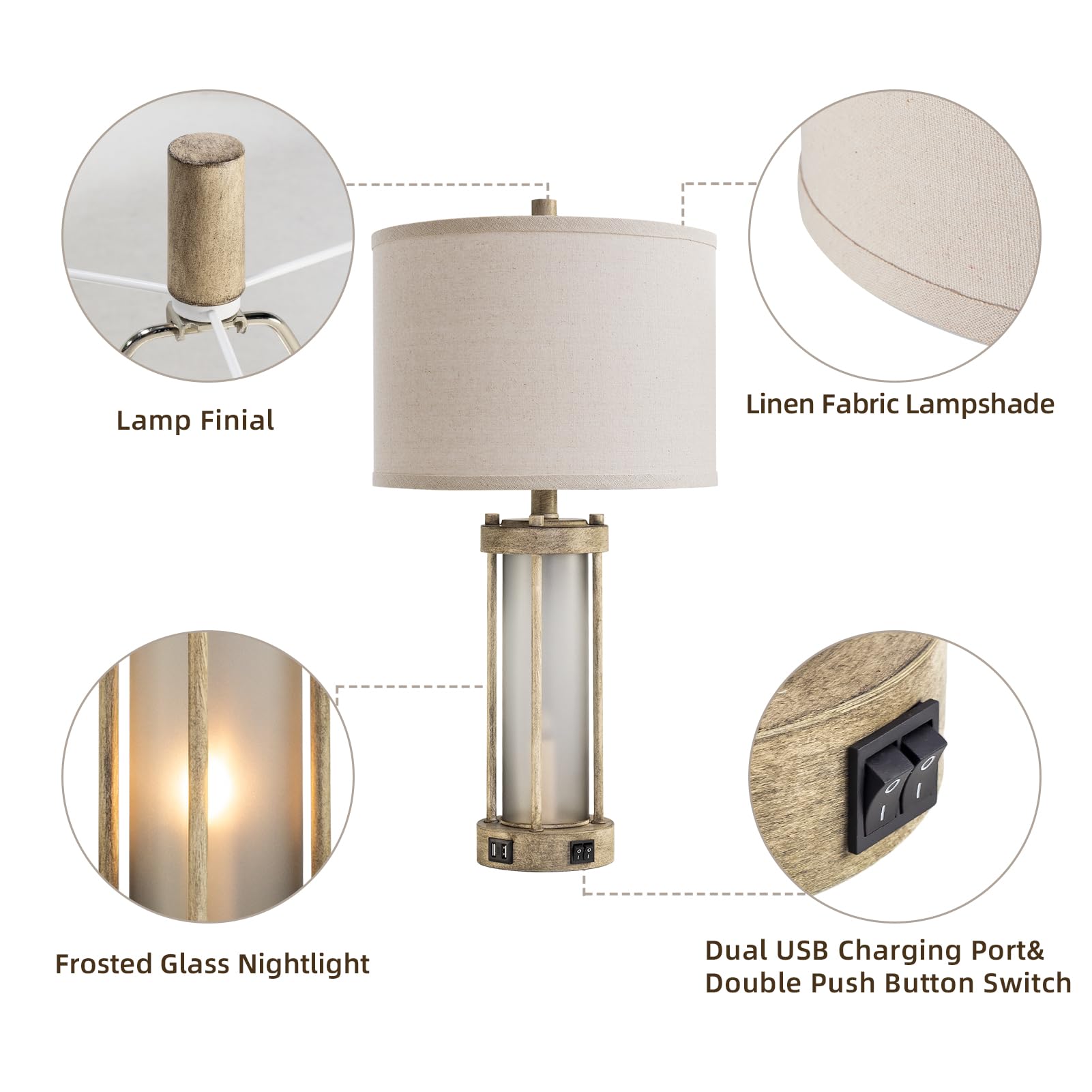 Farmhouse Tischlampen 2er Set für Wohnzimmer, Vintage Schlafzimmer Nachttischlampe mit Dual USB Ports, Nachttischlampe mit Milchglas Nachtlicht für Beistelltisch Eingang, 4 Glühbirnen enthalten