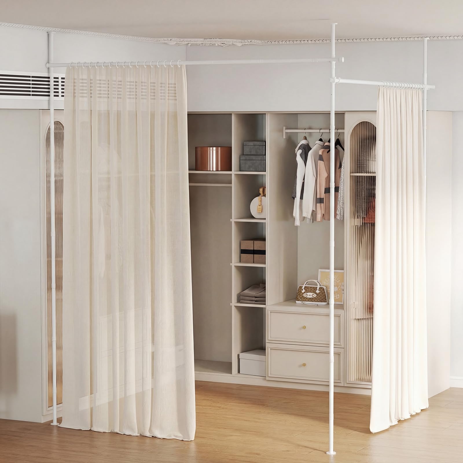 COSTWAY Tringle à Rideaux Verticale Sans Percage Extensible, Réglable Hauteur 120-314 cm x Largeur 73-360 cm, Séparateur de Pièce, Tringle Rideau Brise-vue pour Chambre, Bureau, Salon, Blanc