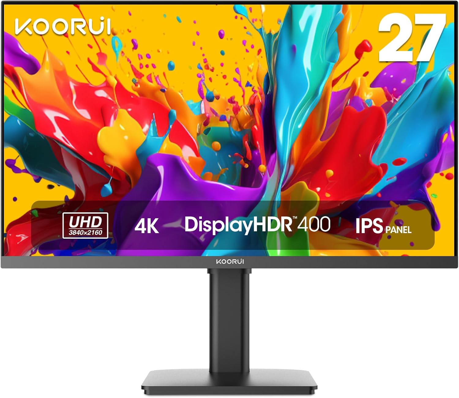 KOORUI 27 inch 4K Computer Monitor, UHD (3840 x 2160) IPS, HDR400, DCI-P3 95%, 1.07 Billion Colors, USB-C, HDMI, DisplayPort, Tilt Pivot Vertical Height Adjustable, VESA Compatible, Black, 27N7U 27"/UHD/IPS/USB-C