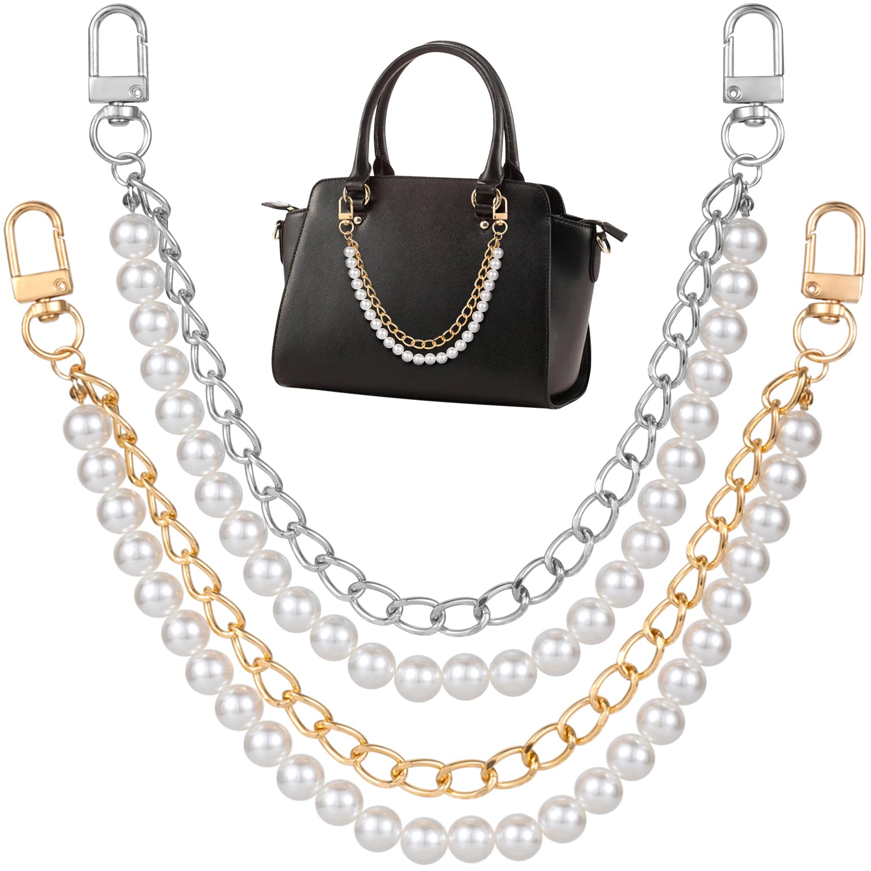 HINZICHINZIC 2Pcs Pearl Purse Chain Extender 12inch Gold Silver Handbag Straps Metal Shoulder Crossbody Bags Short Handle Replacement Charms Accessories for Women