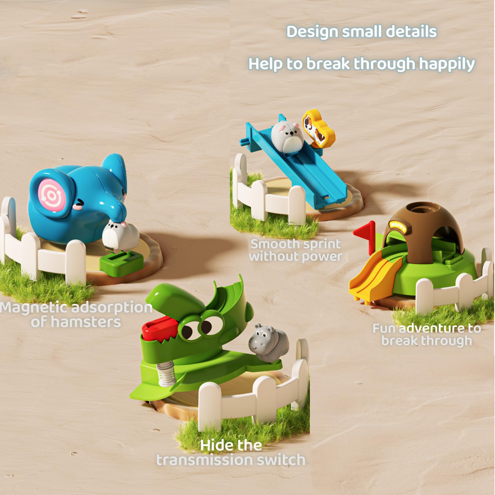 Juego de coches de aventura en pista de carreras de automóviles: vehículos magnéticos para hámsters – 20 etapas de aventura de parque de animales sin baterías, juguete educativo mecánico STEM para