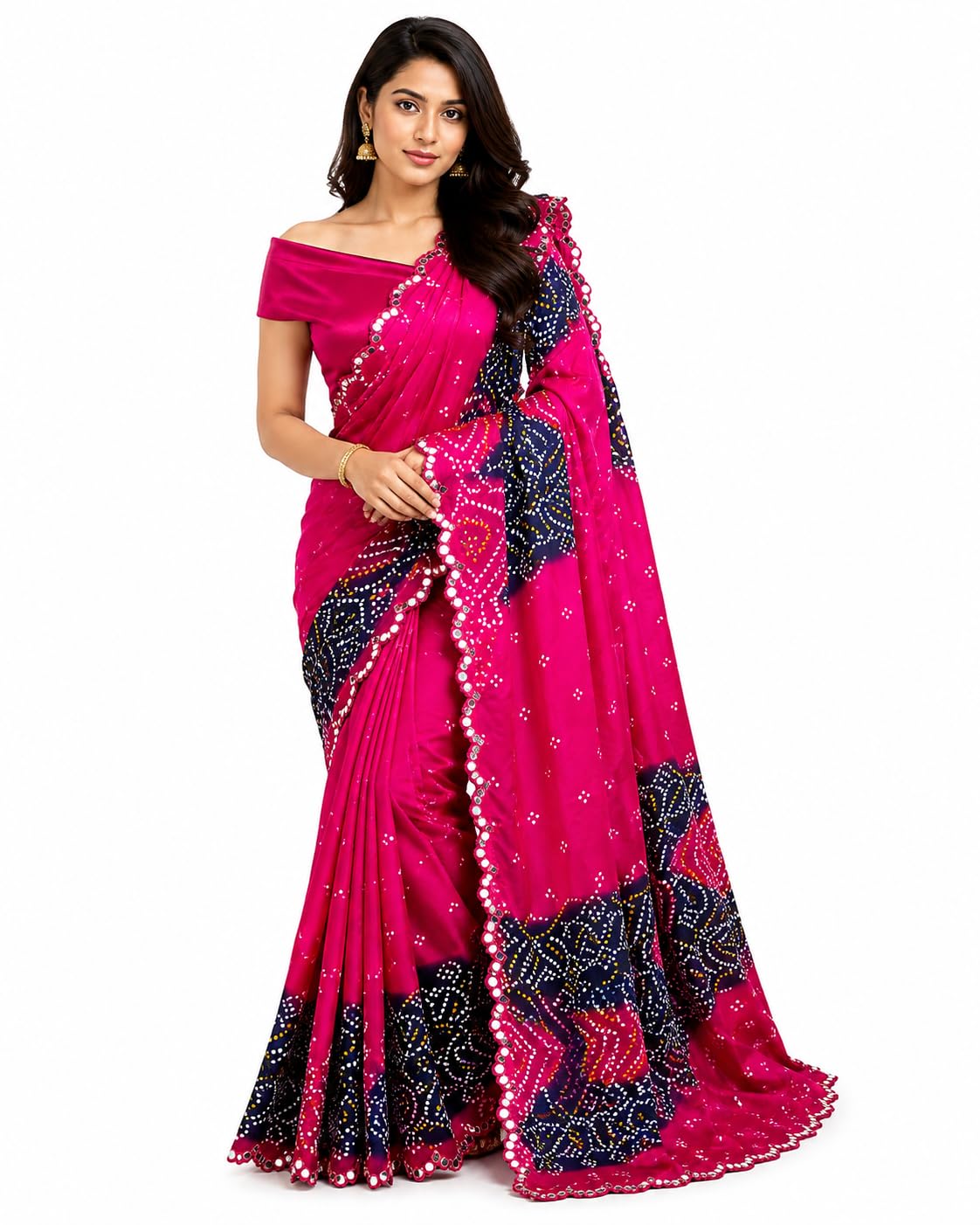 Women's Bandhani Printed Crepe Saree with Mirror Work Lace Border & Unstitched Blouse Piece-picture-51