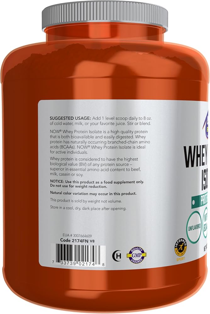 NOW Foods Sports Nutrition, Whey Protein Isolate, 25 g With BCAAs, Unflavored Powder, 5-Pound