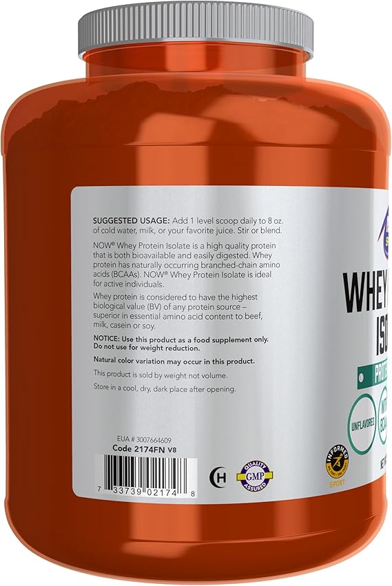NOW Foods Sports Nutrition, Whey Protein Isolate, 25 g With BCAAs, Unflavored Powder, 5-Pound