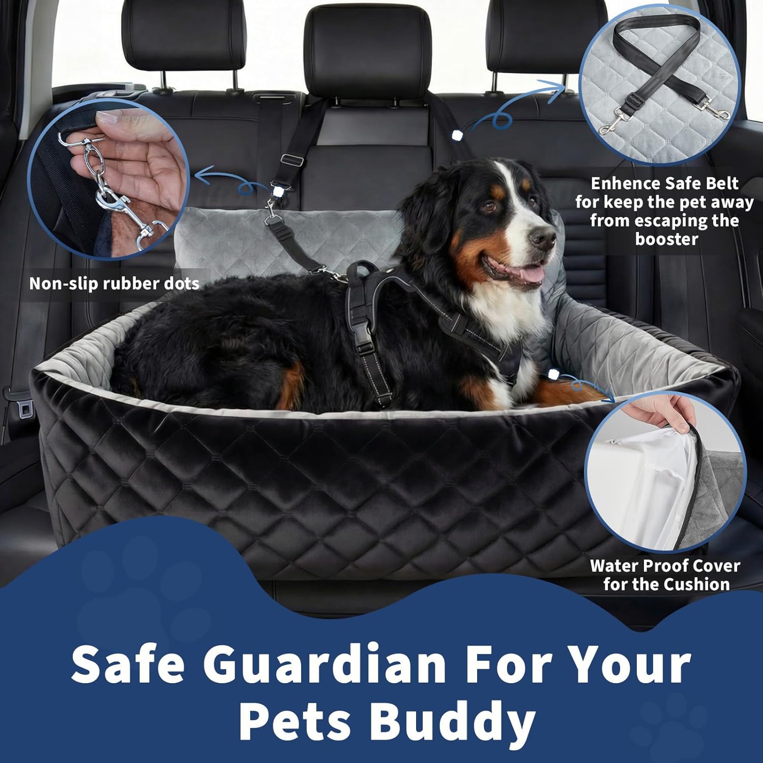 Garvee Extra Large Dog Car Booster Seat with Safety Belt, 3-Side Pet Travel Bed for 2 Medium Dogs, Waterproof & Non-Slip, Foldable Car Seat Cover for Truck SUV Sedan