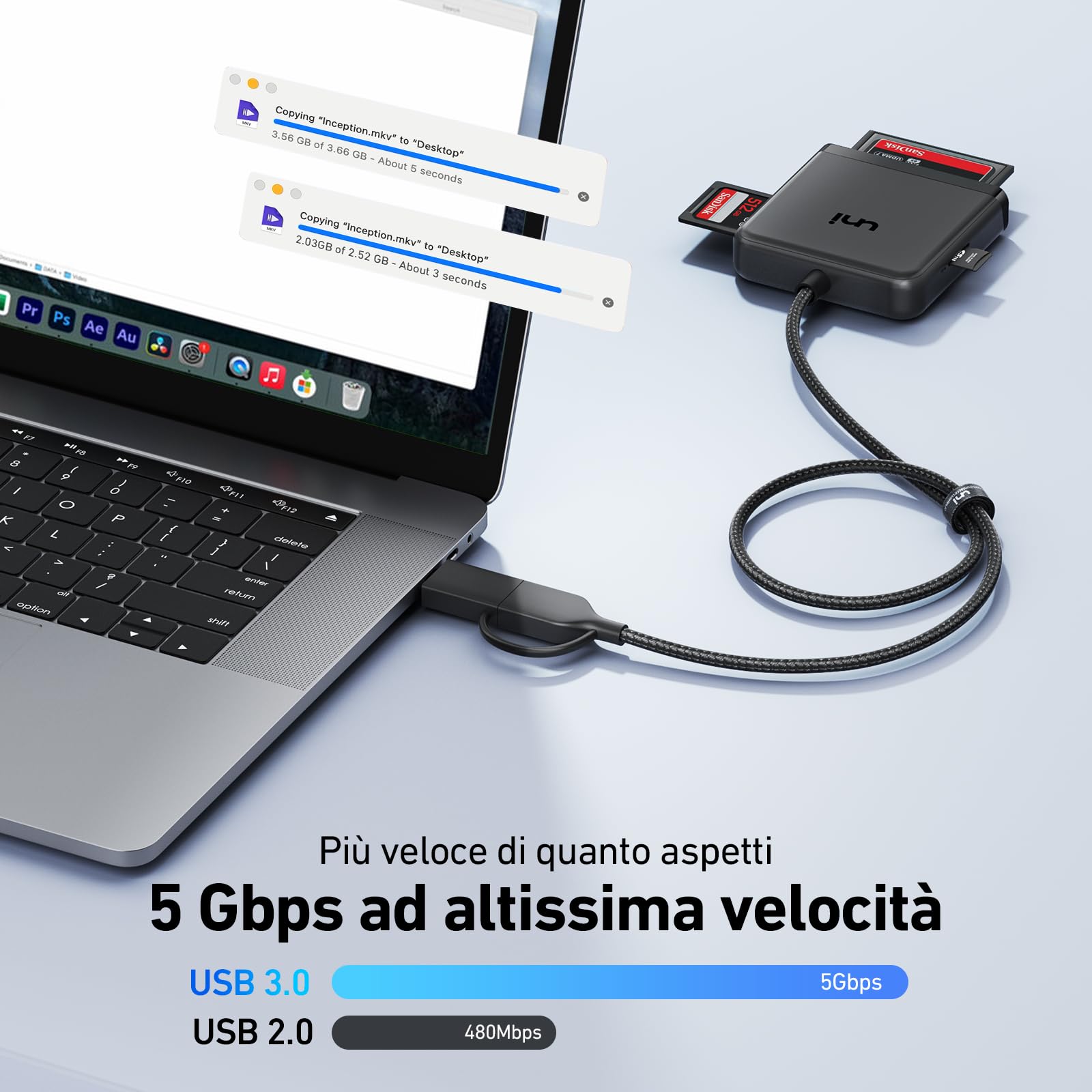 uni Lettore di schede SD, 4-in-1 Lettore schede USB 3.0 e USB C con Cavo in Nylon da 60 cm, SD Card reader per SD/CF/MS Duo/SDHC/SDXC, Compatibile per Windows/Mac OS/Chrome OS/Linux ECC