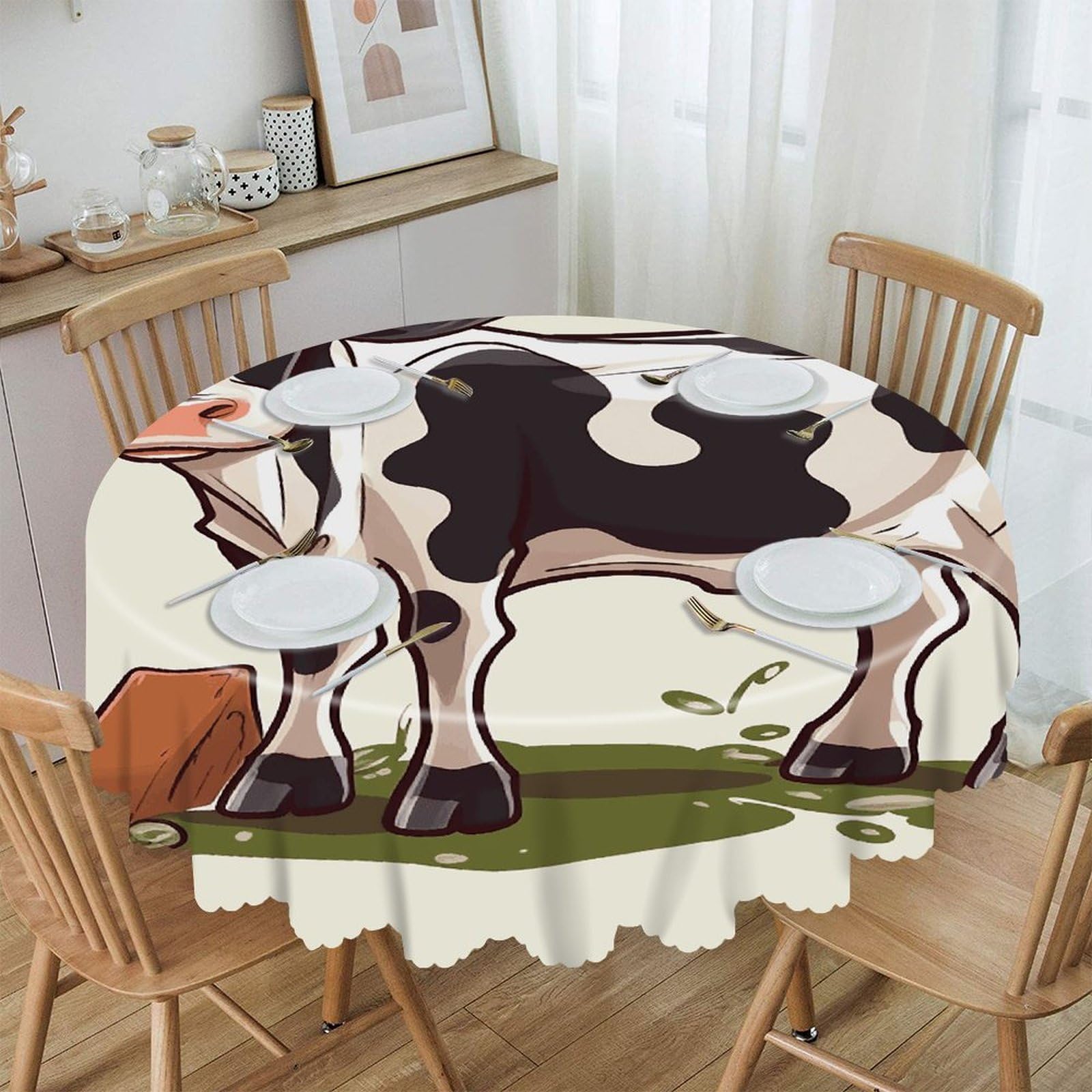 FekiLoot Dairy Cow Round Tablecloths 60 Inch Resistant Washable Polyester Table Cloth Style Decorative Circle Fabric Table Cover for Dining Kitchen Party Farmhouse Outdoor