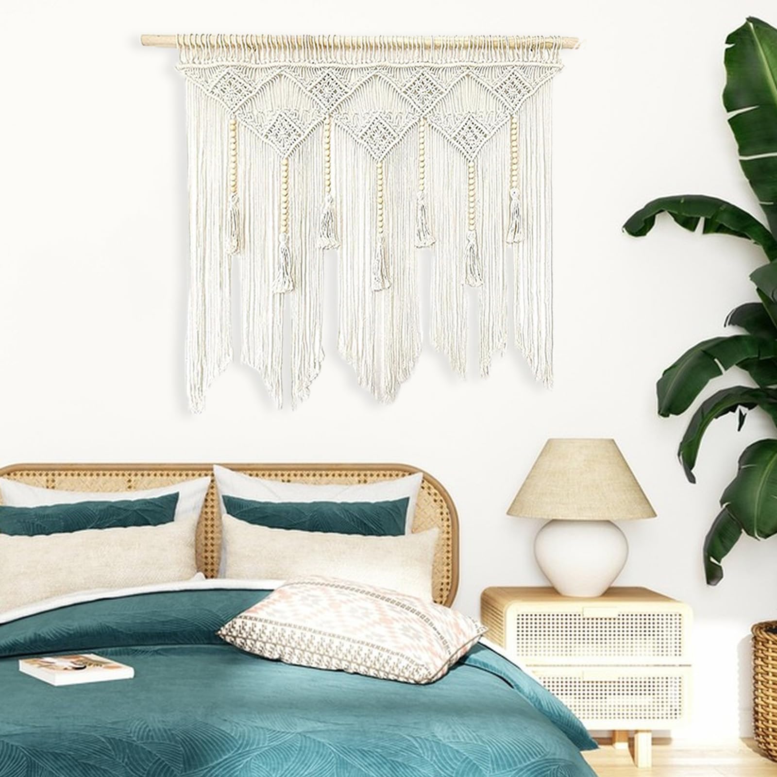 LOMOHOO Grande Tenture Murale Macramé 98x75 Cm – Boho Chic Tissée Main En Coton Avec Perles – Déco Murale Chambre Salon Bohème