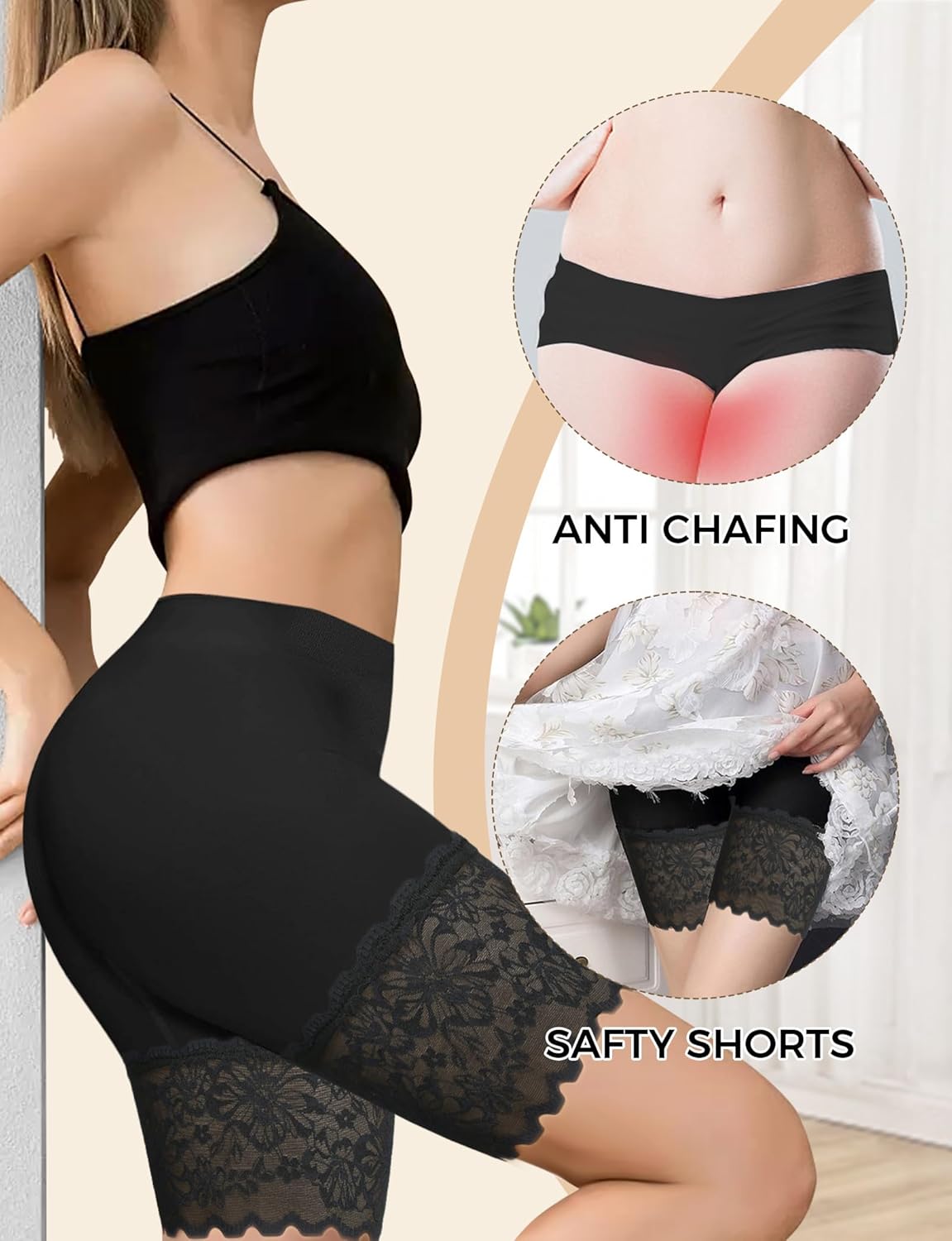 3 Pack Lace Slip Shorts for Women Under Dresses, Seamless Anti Chafing Shorts Summer (3pcs Black, XXL) - Image 3