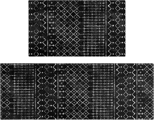 Juego de 2 tapetes de cocina bohemios, modernos tapetes de cocina de granja, antideslizantes, lavables, marroquíes con respaldo de goma para