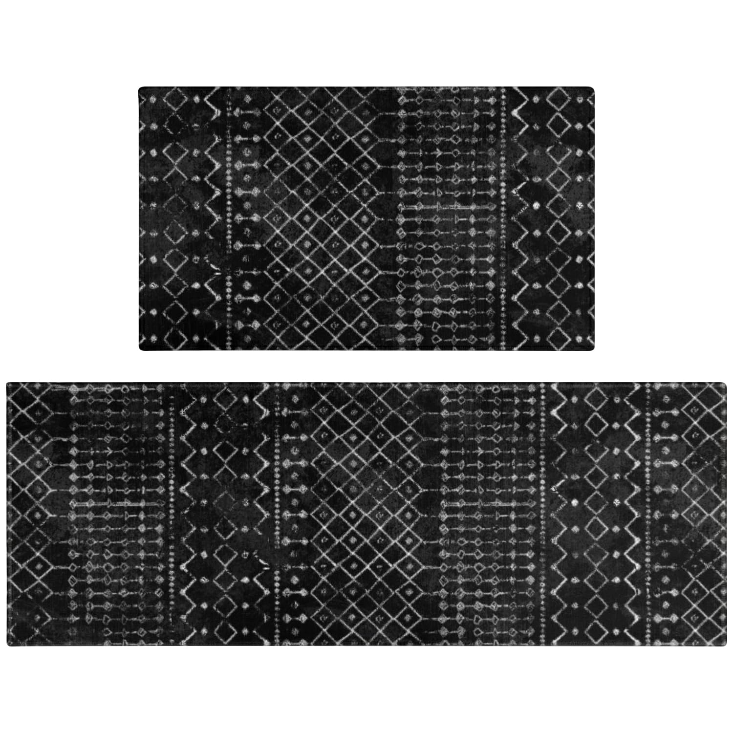 Xsinufn Boho Kitchen Mat Set of 2,Modern Farmhouse Kitchen Rugs and Mats Non Skid Washable,Moroccan Boho Runner Rugs with Rubber Backing for Kitchen Decor and Accessories (Black 17"x47"+17"x30")