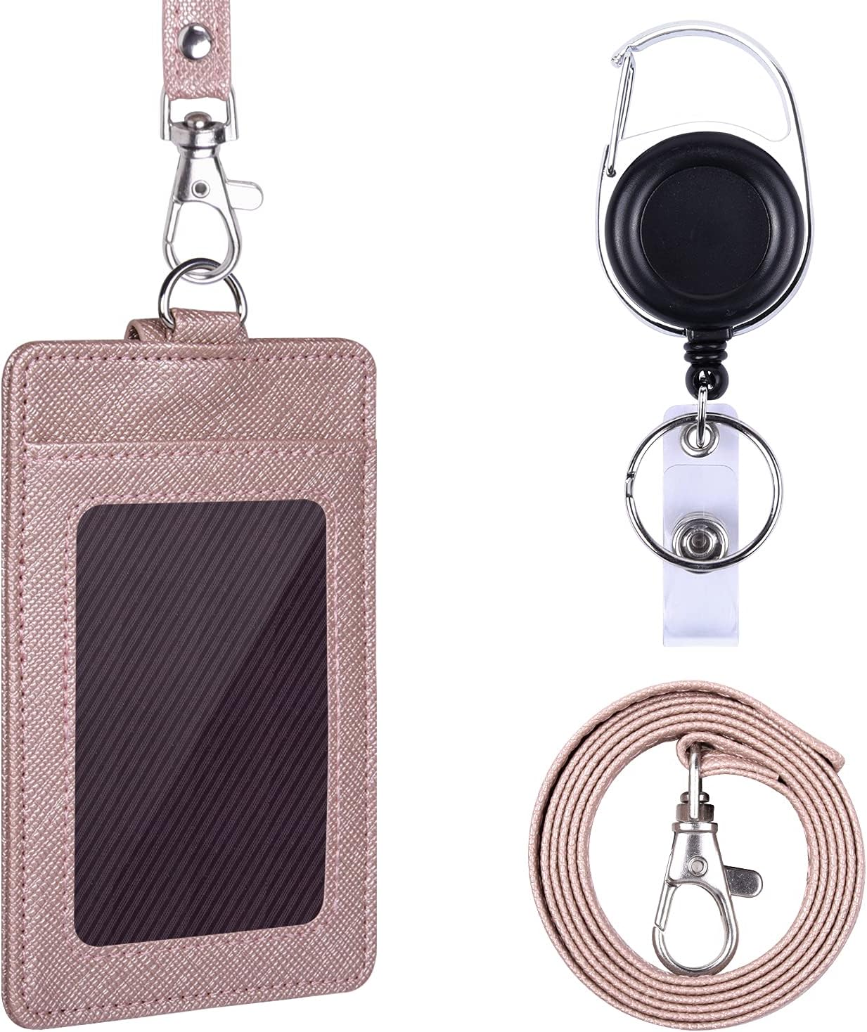 Wisdompro Retractable Badge Holder with Lanyard, Double Sided PU Leather ID Card Holder with Carabiner Badge Reel Clip and 18.8 inch Neck Lanyard - Rose Gold, Vertical