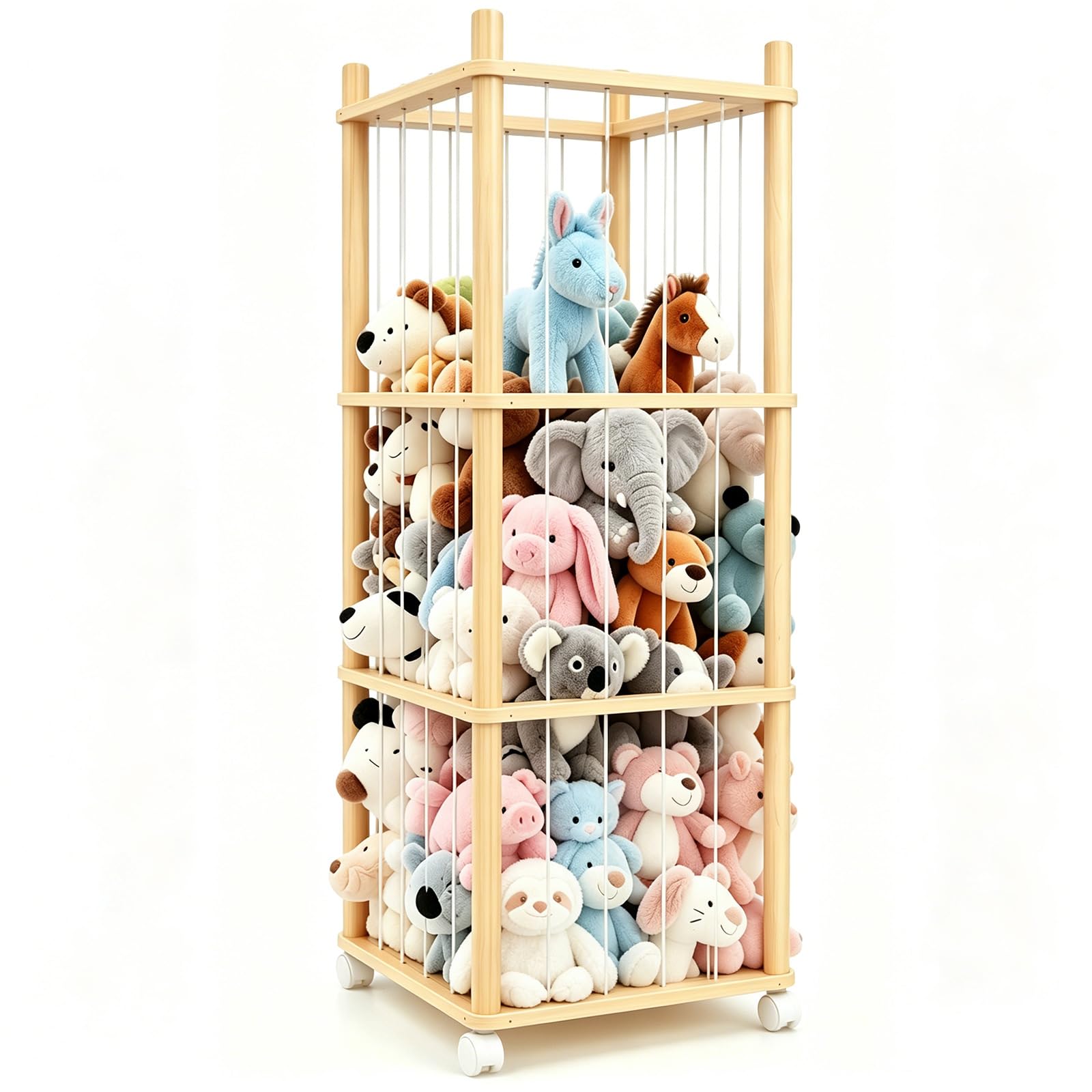 Kuscheltier Aufbewahrung, Stofftier Aufbewahrung mit 360°Drehrollen, Elastischem Band & Verbreiterter Sockel für Kinderzimmer Spielzimmer Schlafzimmer