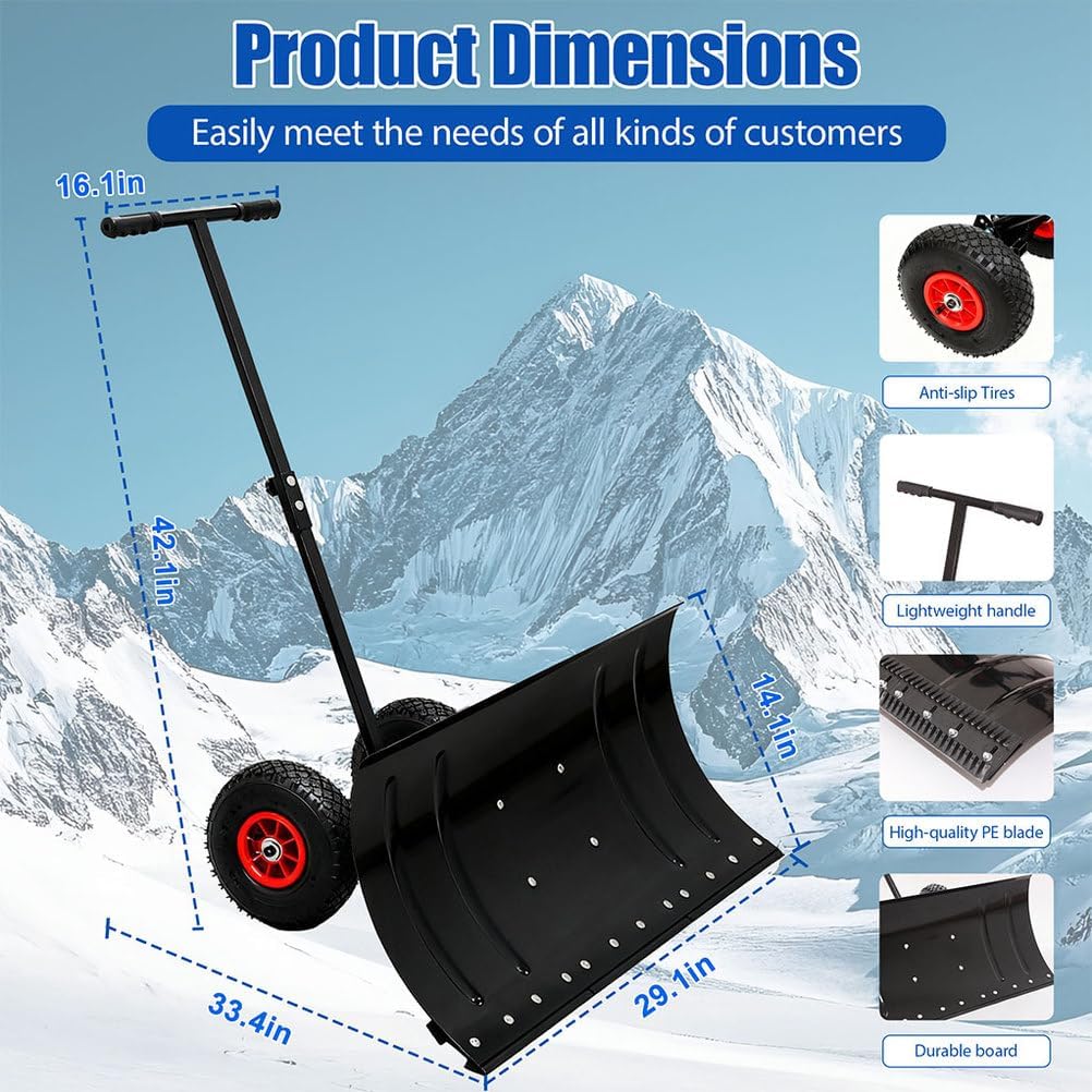 30" Heavy-Duty Metal Snow Pusher with Wheels, Adjustable Height & Angle Handle, Ergonomic Snow Shovel for Driveway, Sidewalk, Patio, and Pathway Snow Removal (Black)