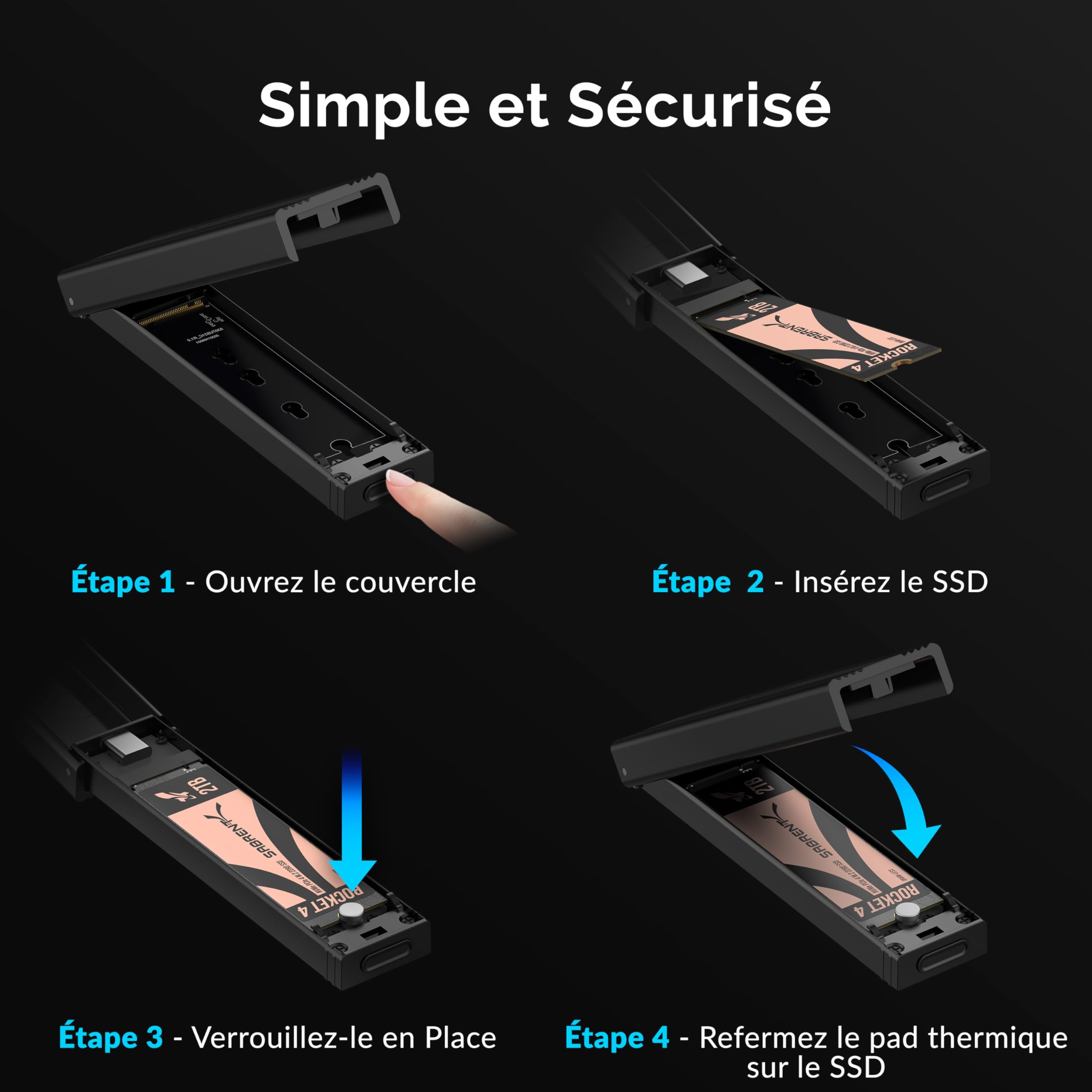 SABRENT Boitier SSD NVMe M.2, Adaptateur SSD M2 USB 3.2 Gen2 10Gbps, Boitier NVMe Externe en Aluminium Durable pour PCIe, M.2 SATA, M Key/M+B Key 2230/2242/2260/2280, Adaptateur USB (EC-SNVE)
