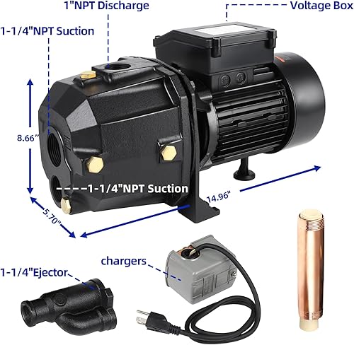 Miniatura 2 de FAHKNS Bomba de chorro de pozo poco profundo 1HP, bomba de chorro de pozo poco profundo de hierro fundido premium con voltaje 110, profundidad de