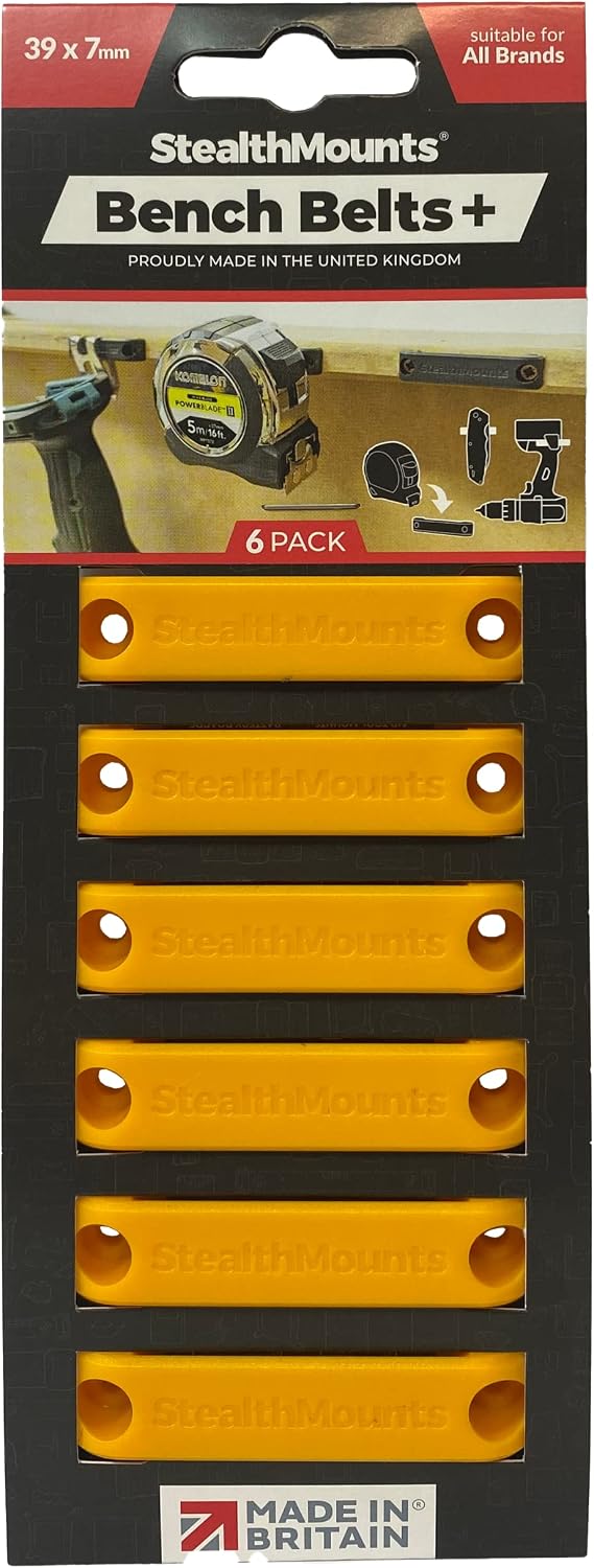 StealthMounts Bench Belt Plus - Universal Tool Holder | Bench Belt + Set | Perfect Tool Hanger Storage Dock for Power Tools, Tape Measures and Belt Clips (Yellow)