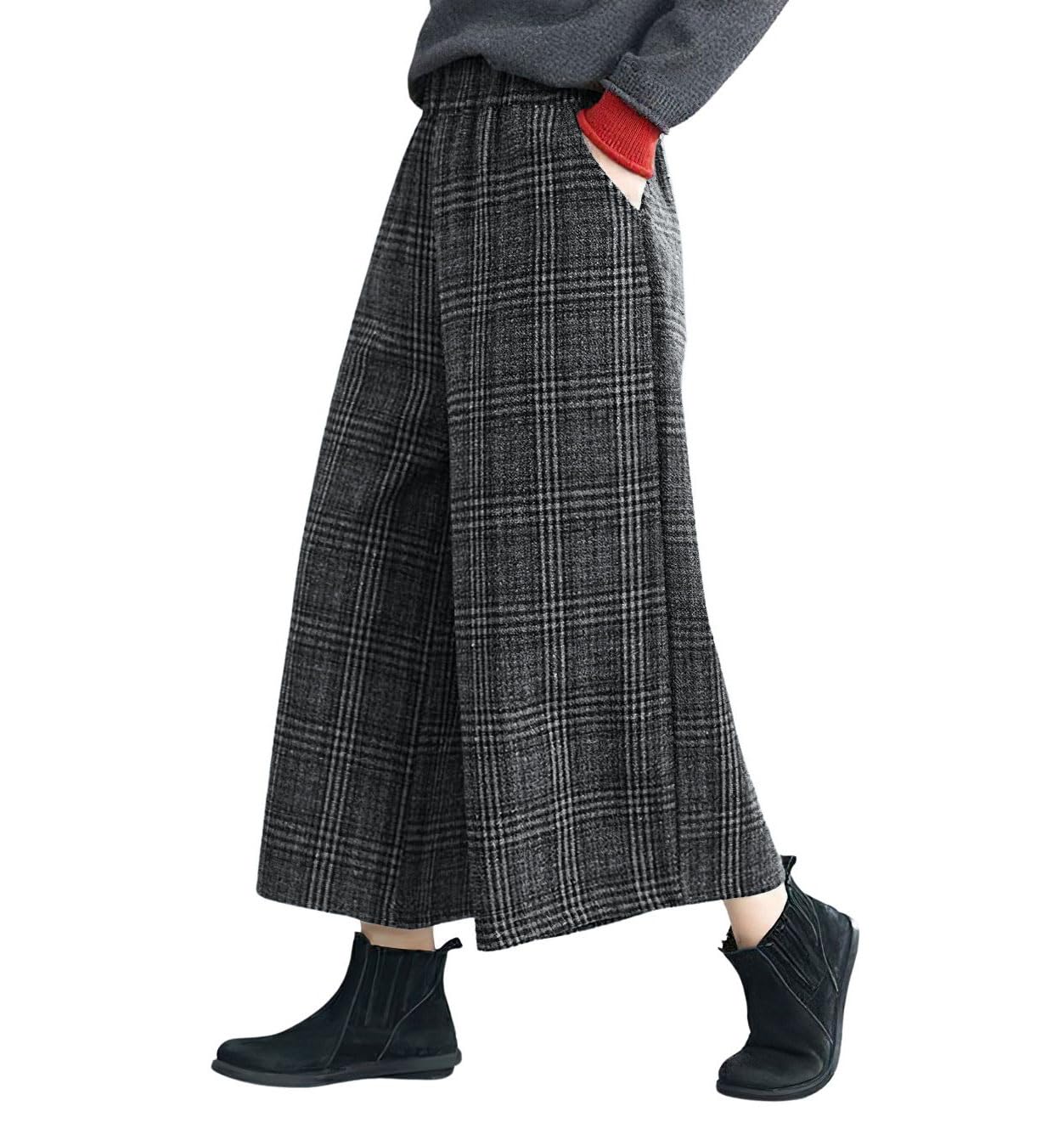 chouyatou Womens Winter Wool Plaid Wide Leg Cropped Pants Elastic Waist Wool Blend Capri Pants with Pockets