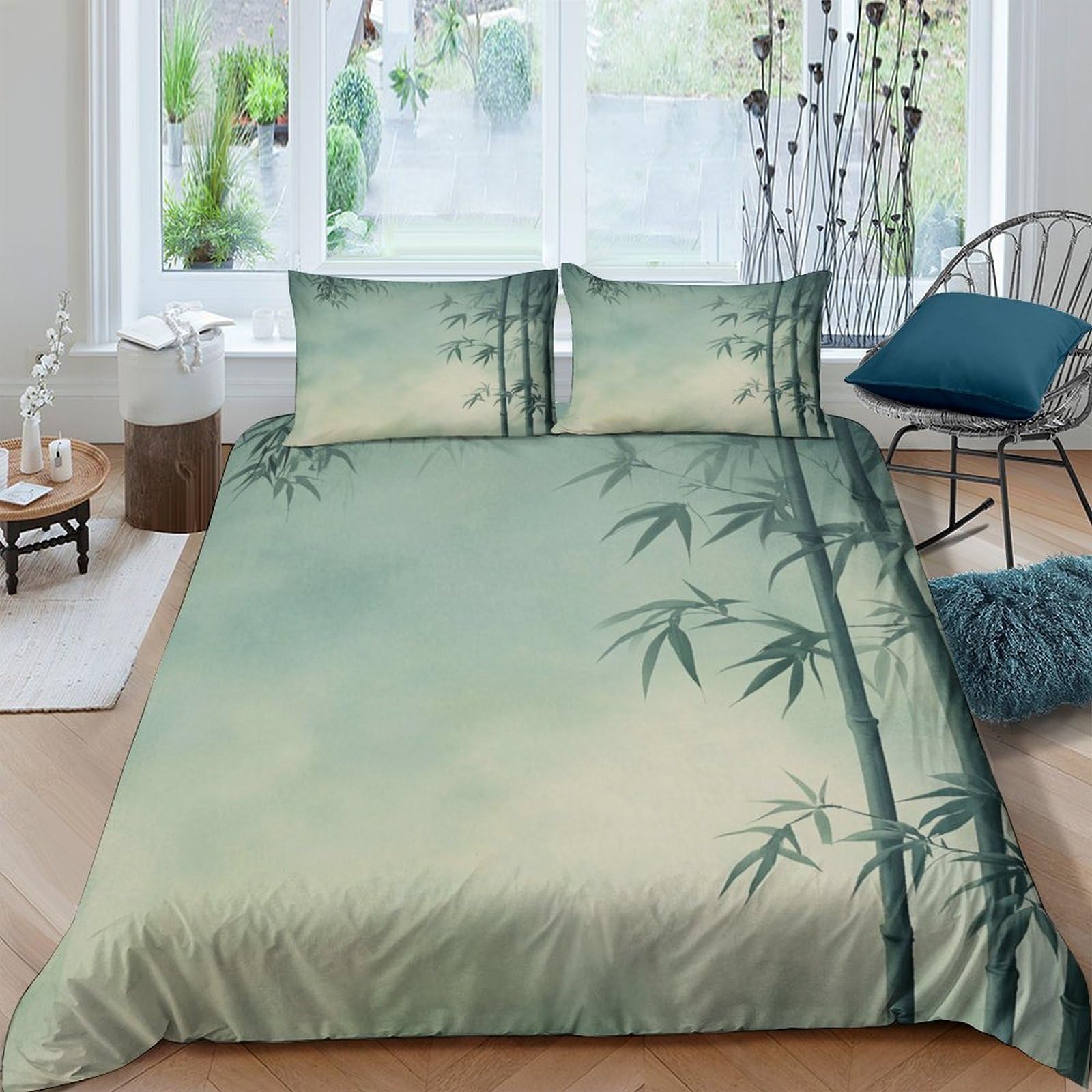Ctjqhvkz Style-4 3D Printed Bamboo Forest Fitted Sheet Microfiber Soft Green Zen Bamboo Leaves Mattress Cover For Bedroom Decor Single（135X200cm）