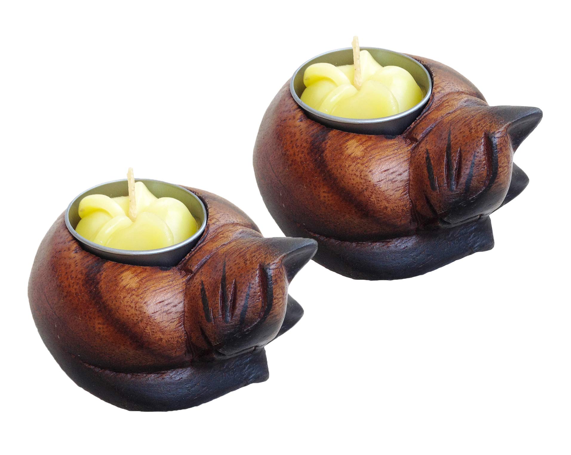 Collumino Sleeping Curled Cat Wooden Tealight Holder ~ Boxed with Tealight Candle (Pack of 2)