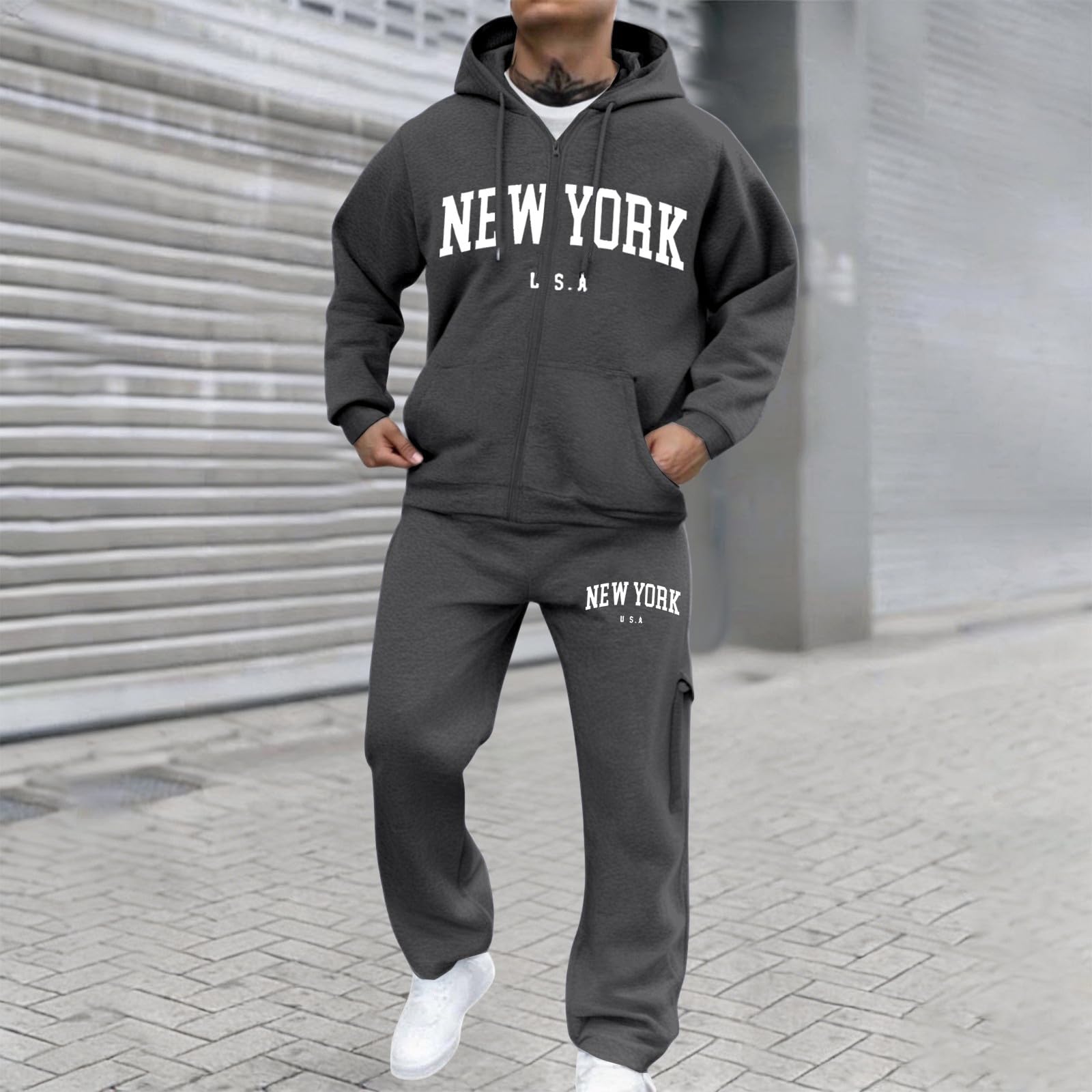 Tuta da jogging da uomo, lunga, baggy, set da 2 pezzi, con felpa con cappuccio e pantaloni da jogging, alla moda, con stampa, per sport all'aperto, streetwear, morbida tuta per il tempo libero