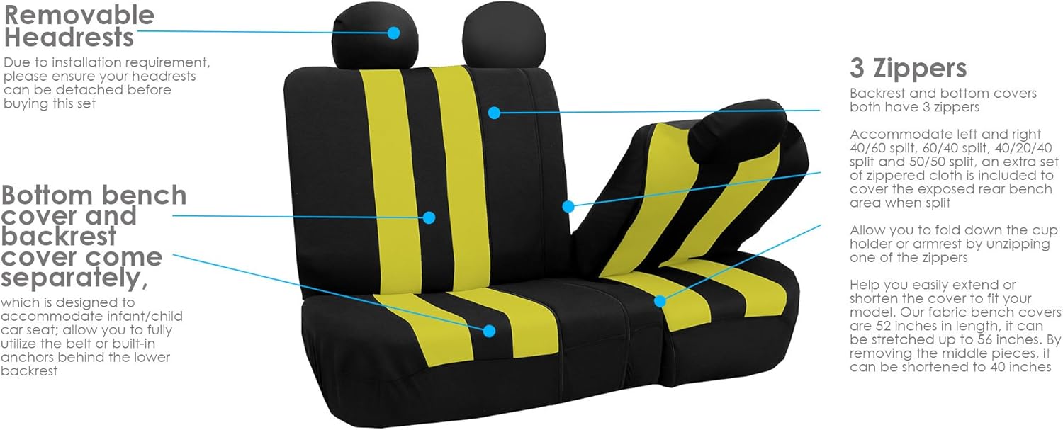 FH Group Striking Striped Car Seat Covers Full Set, Airbag and Split Ready with Carpet Floor Mats – Universal Fit for Cars Trucks & SUVs- Yellow/Black