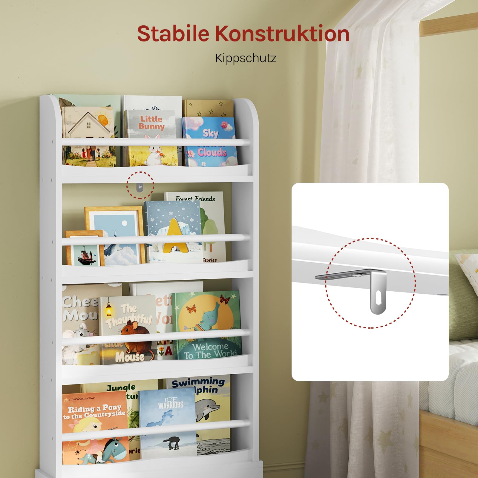 WOLTU Bücherregal Kinder mit Kippsicherung 4 Ebenen Weiß