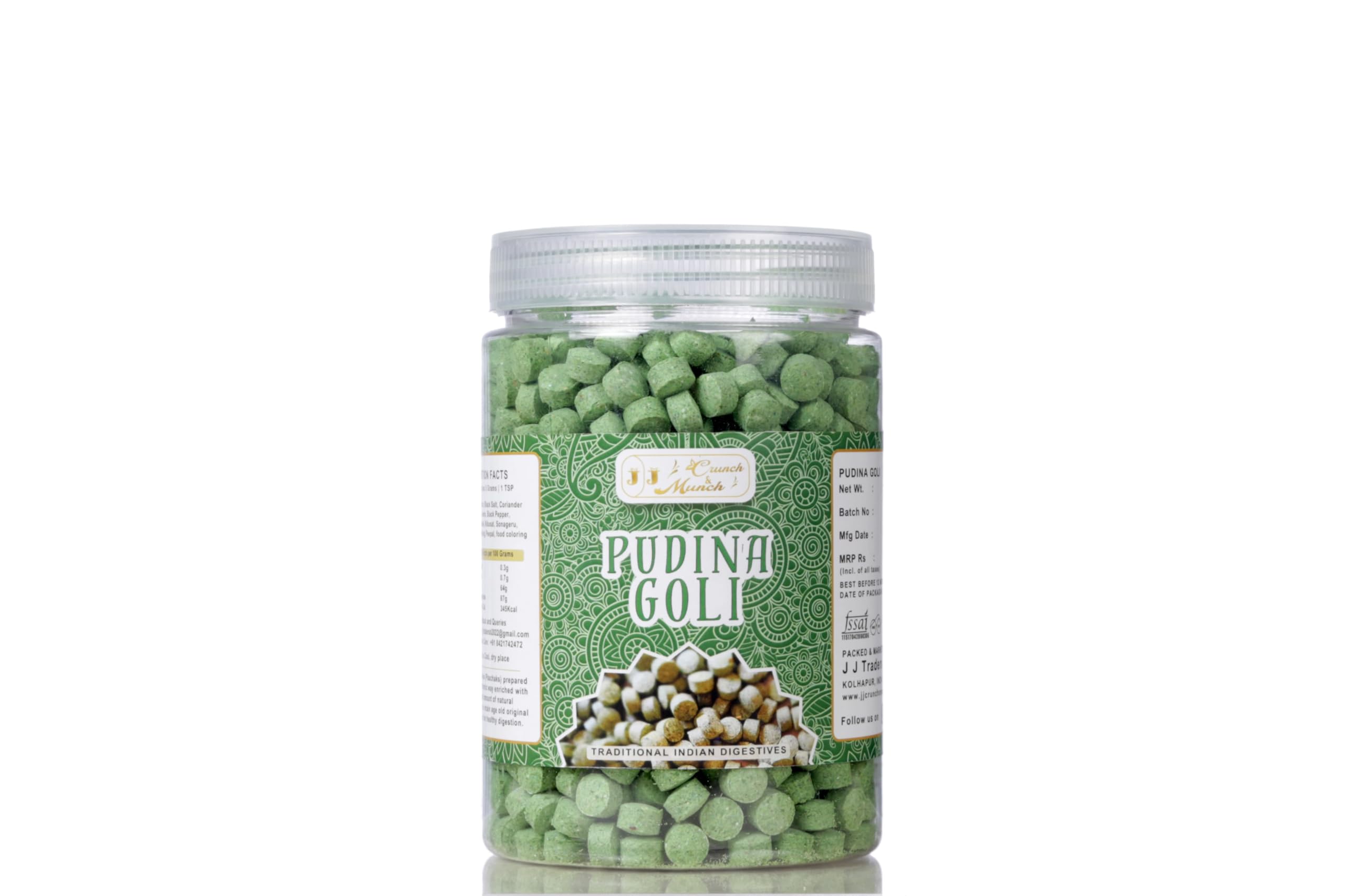 J J Crunch N Munch Pudina Goli Pack of 2-350gm X 2 (Jar Pack), Mouth Freshener, Digestive, After-Meal Snack, Digestive Candies, Mukhwas & Churan Pudina (Mint) Goli.