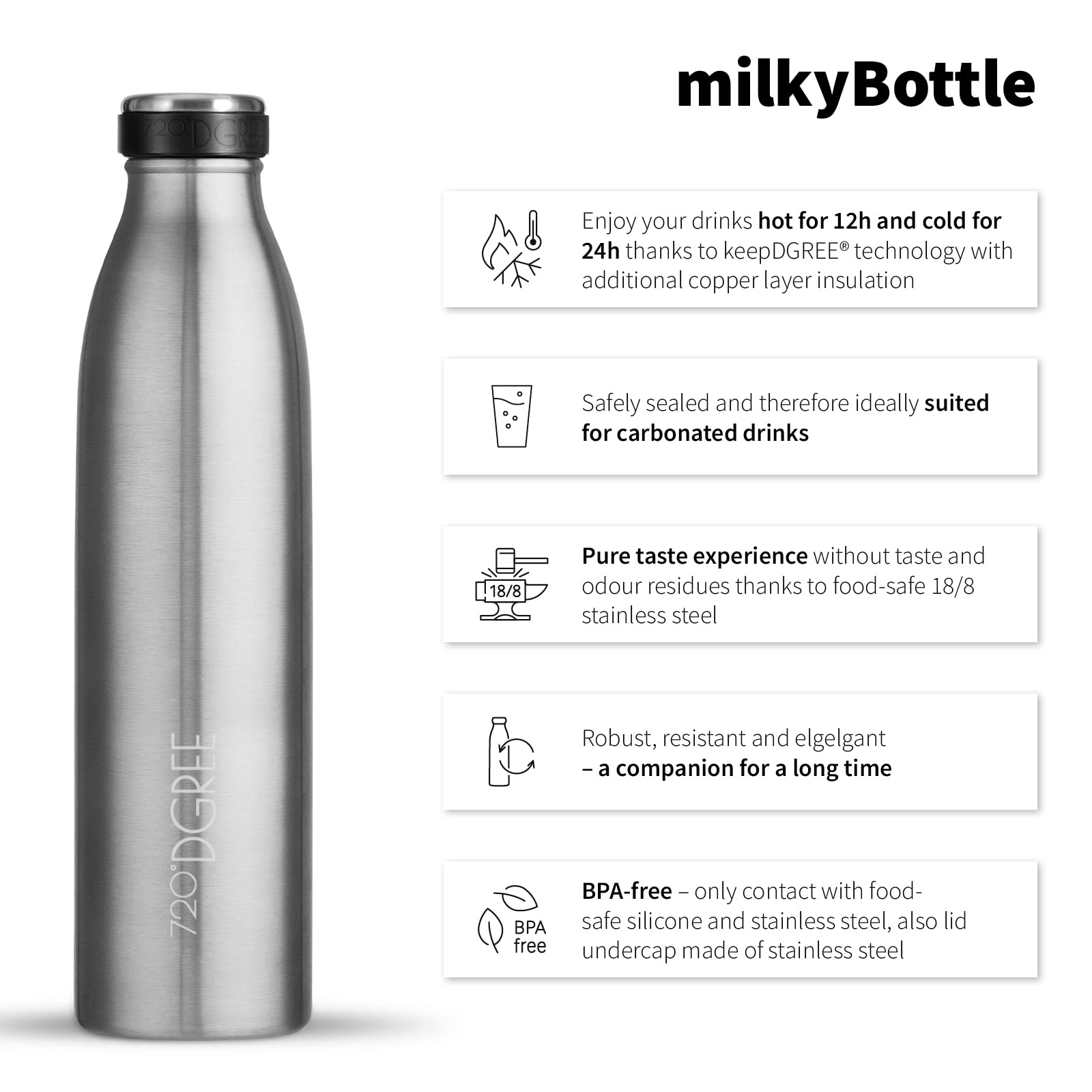 720°DGREE Botella Agua Acero Inoxidable “milkyBottle“ – 1litro - Sin BPA Free, Antigoteo y Prueba de Fugas - Frasco térmico, Cantimplora Aislada - Bebida con Gas, Deporte, Escuela, Gimnasio Exteriore - 3