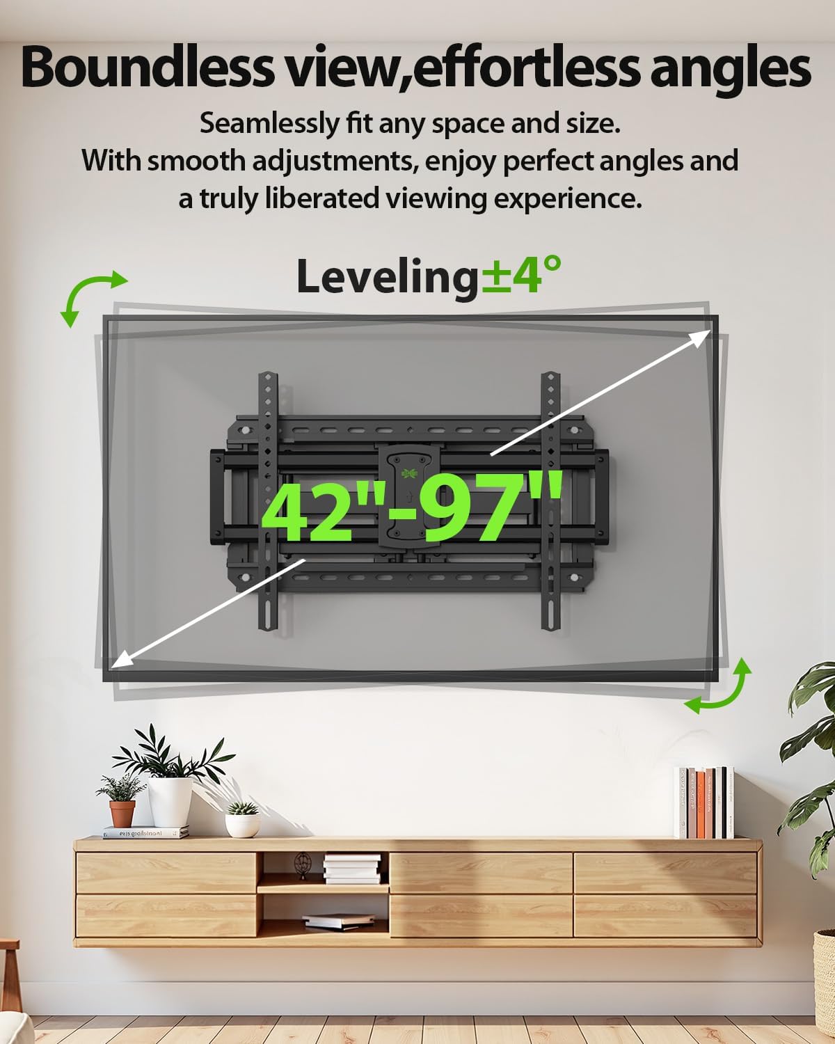 Diagram showing TV mount extending and retracting, with tilt angles indicated.