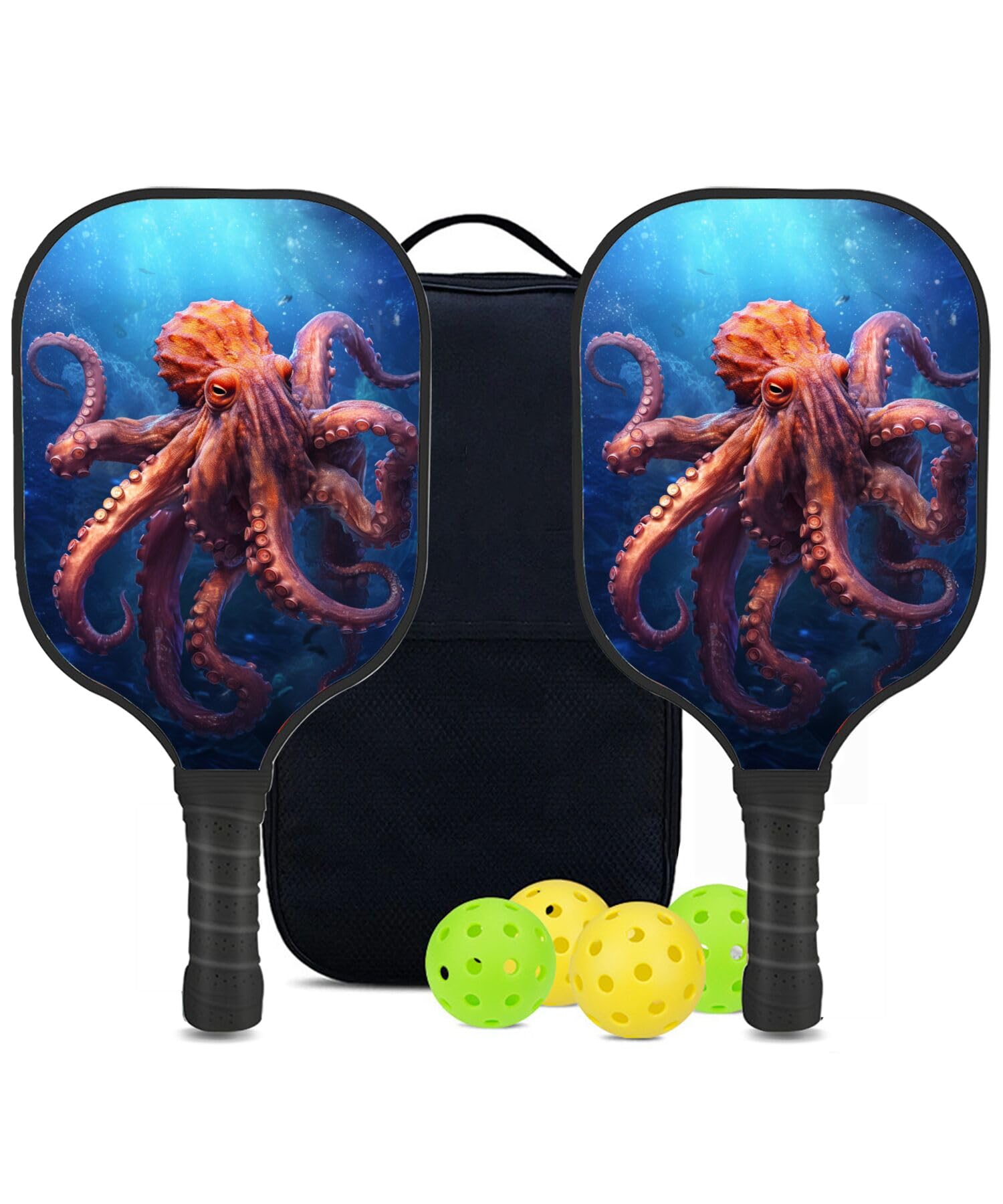 SHENCANG BLUE Custom Pickleball Paddles Set with 2 Pickleball Rackets 4 Pickle Balls 1 Carry Bag, Octopus-BQ801 Pattern, Carbon Fiber,Honeycomb Polymer Core & Comfort Grip