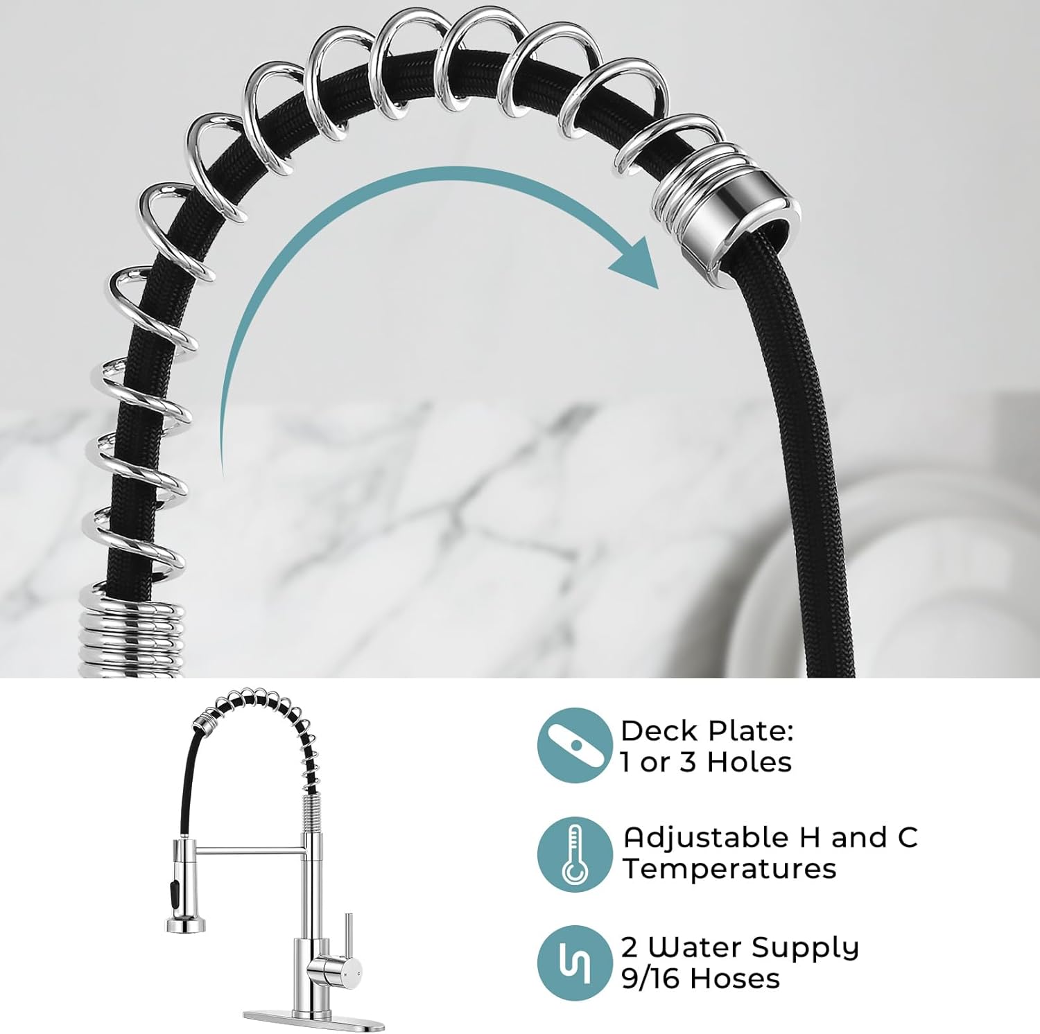 Kitchen Faucet with Pull Down Sprayer,Commercial Single Handle Stainless Steel Kitchen Faucets with Deck Plate (Chrome)