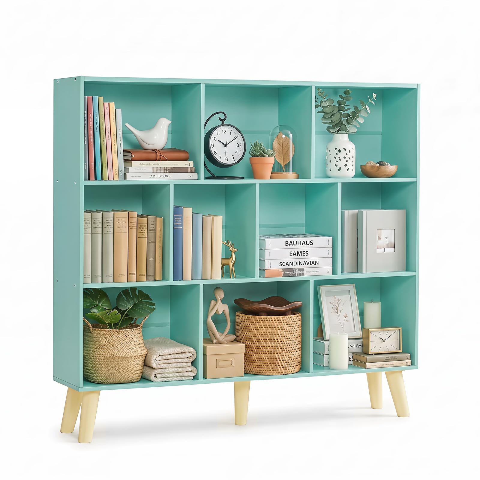 YAHARBO 10 Cube Bookshelf,3 Tier Bookcase with Legs,Green Mid-Century Modern Bookshelves,Large Free Standing Open Storage Organizer Shelf,Tall Wooden Book Case Furniture for Bedroom,Living Room,Office