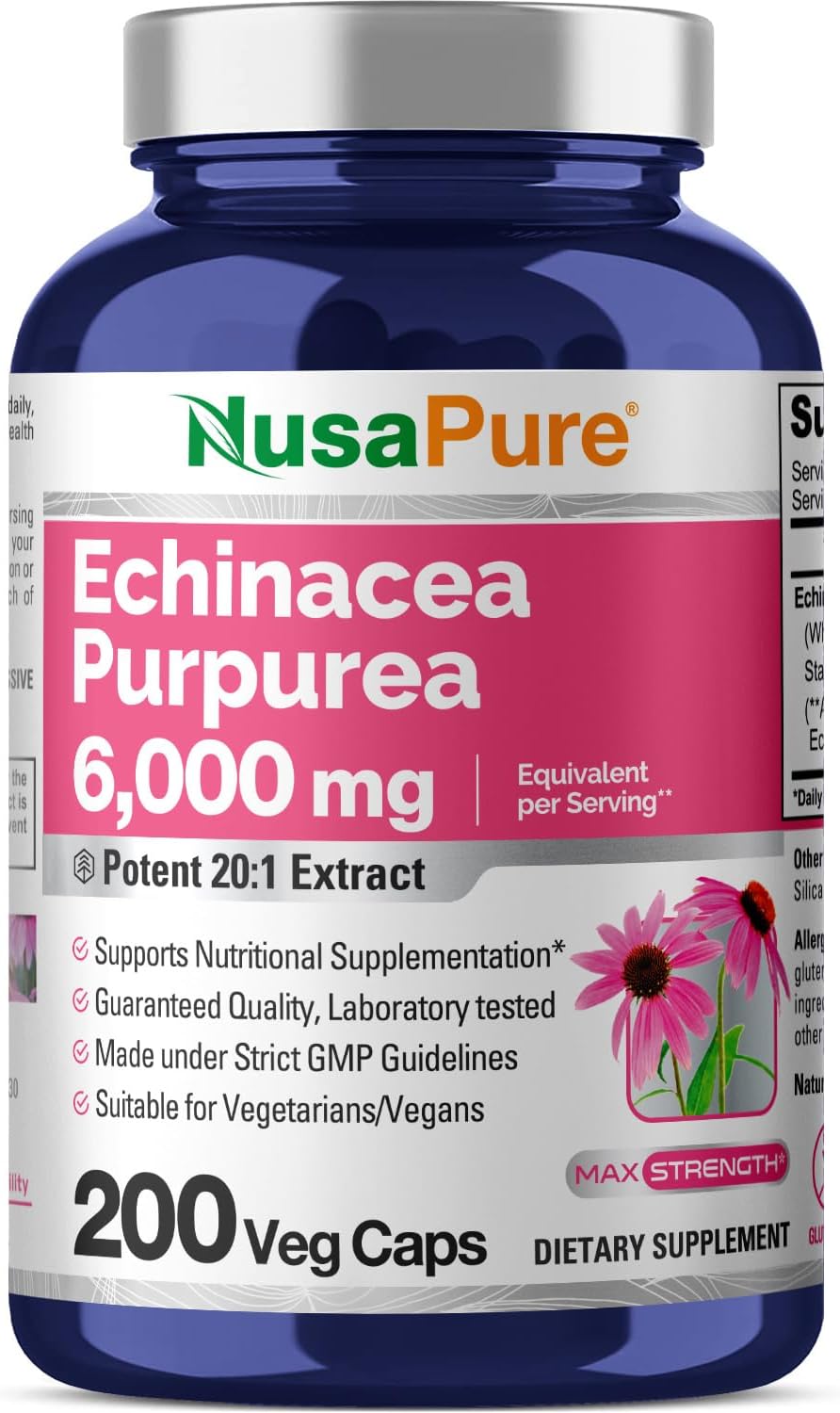 NusaPure Echinacea 20:1 Extract, 300 mg Equivalent to 6,000mg 200 Veggie Caps, Vegan, Non-GMO, Gluten Free Supplement