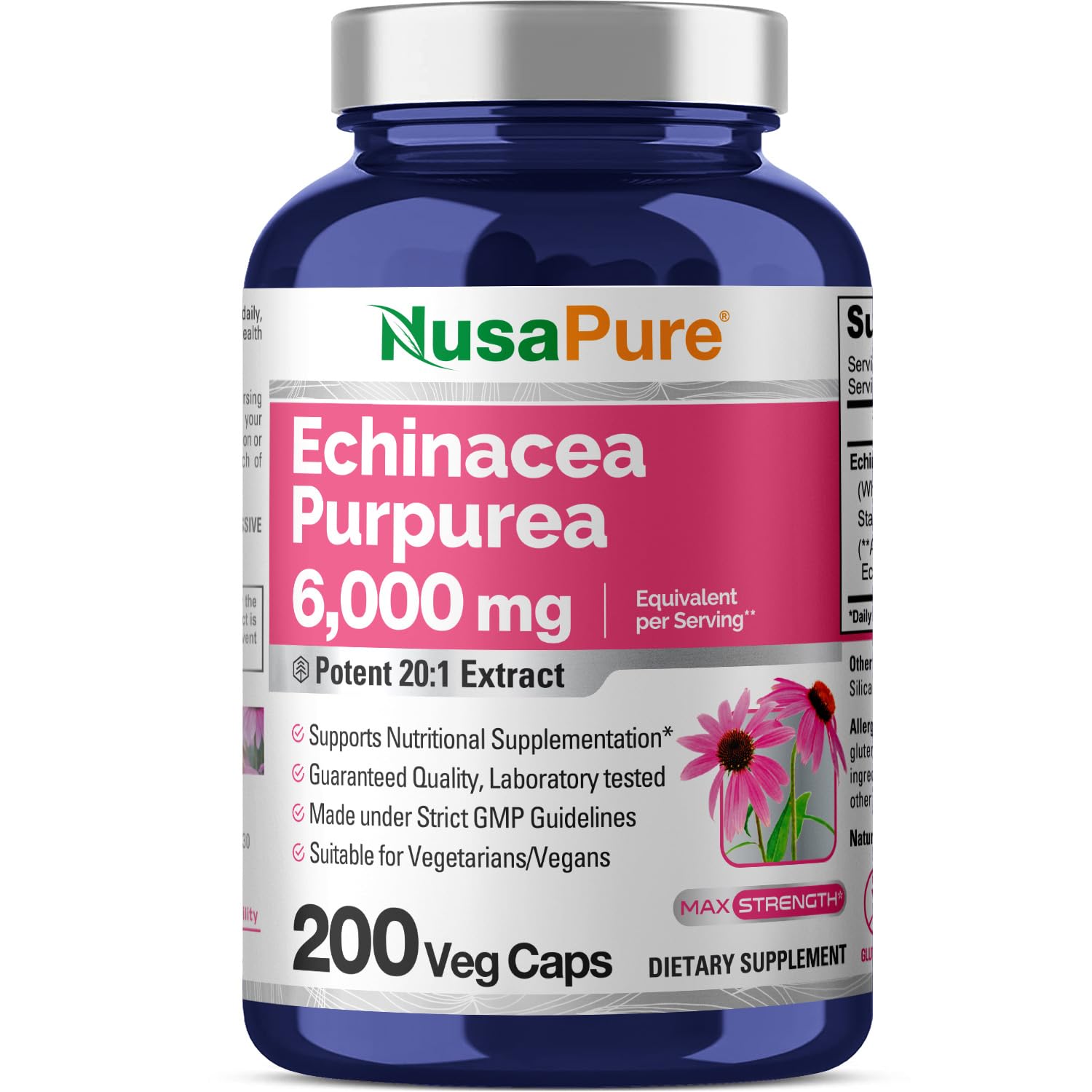 NusaPure Echinacea 20:1 Extract, 300 mg Equivalent to 6,000mg 200 Veggie Caps, Vegan, Non-GMO, Gluten Free Supplement