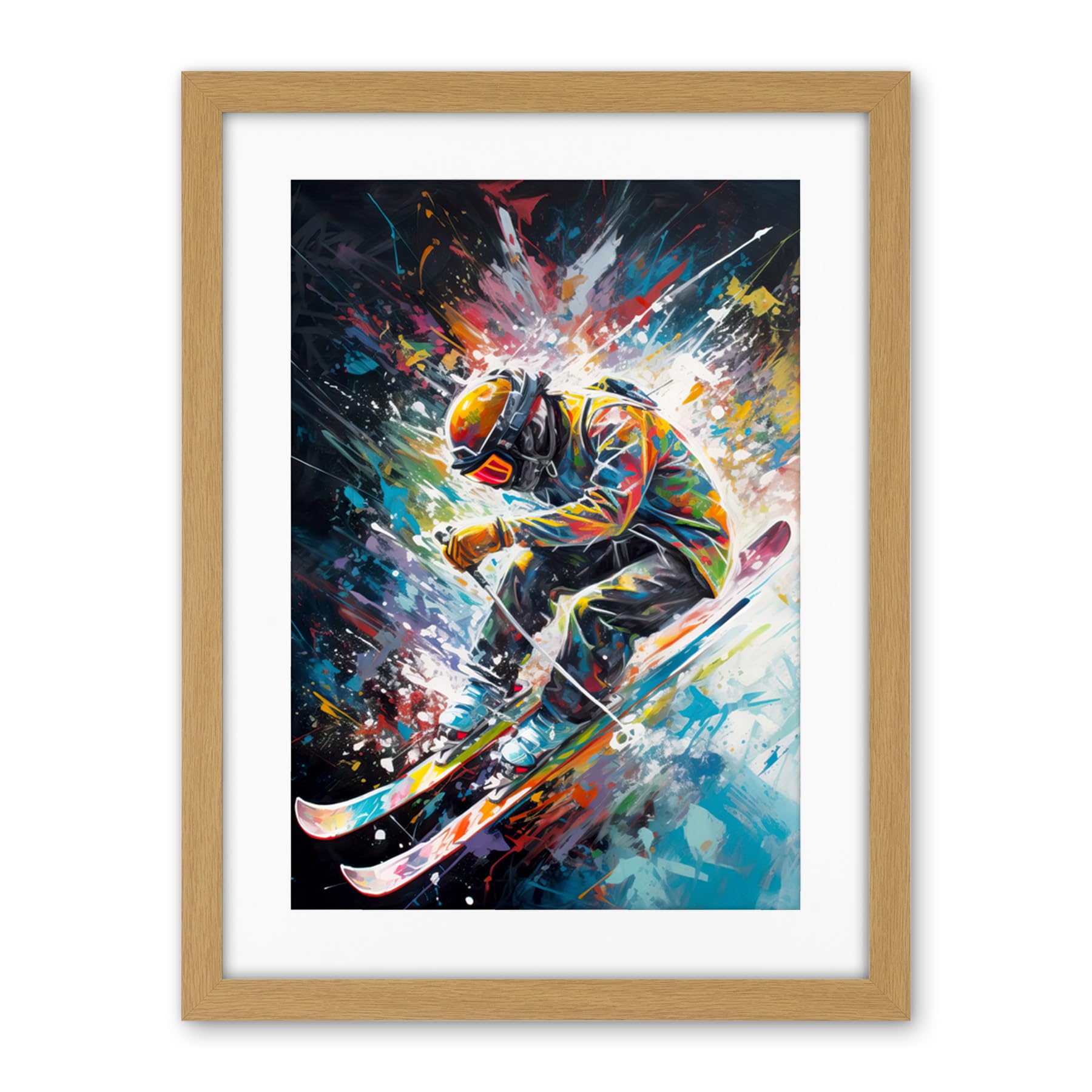 Artery8 Skier Skiing Vibrant Splatter Art Motion Painting Artwork Framed Wall Art Print 18X24 Inch