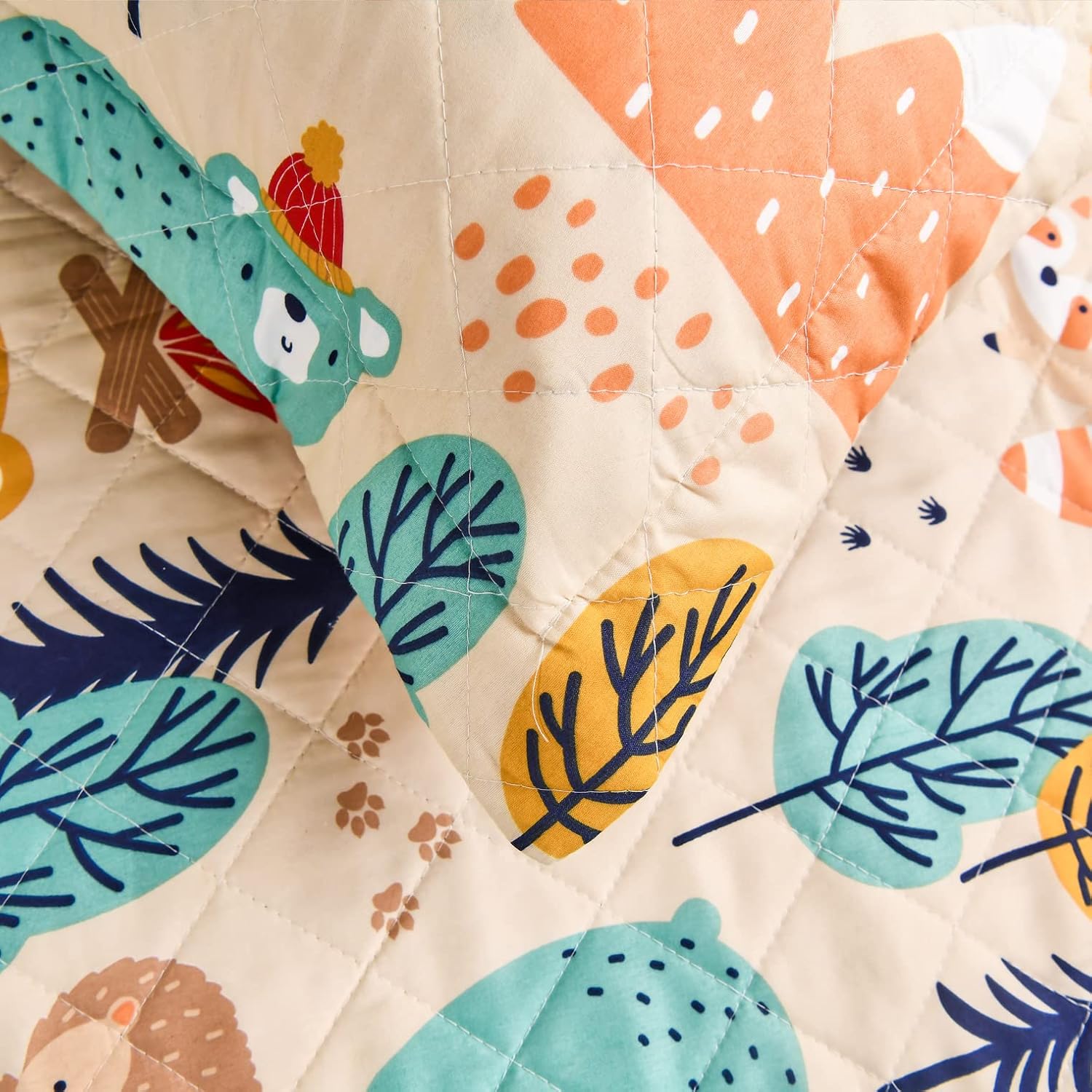 Kids Quilt Full/Queen Size Bear Bedding Set,3Pcs Forest Tree Bedspread Animals Coverlets, Lightweight Reversible Cartoon Bedspread Deer Owl Bedding Pillow Shams