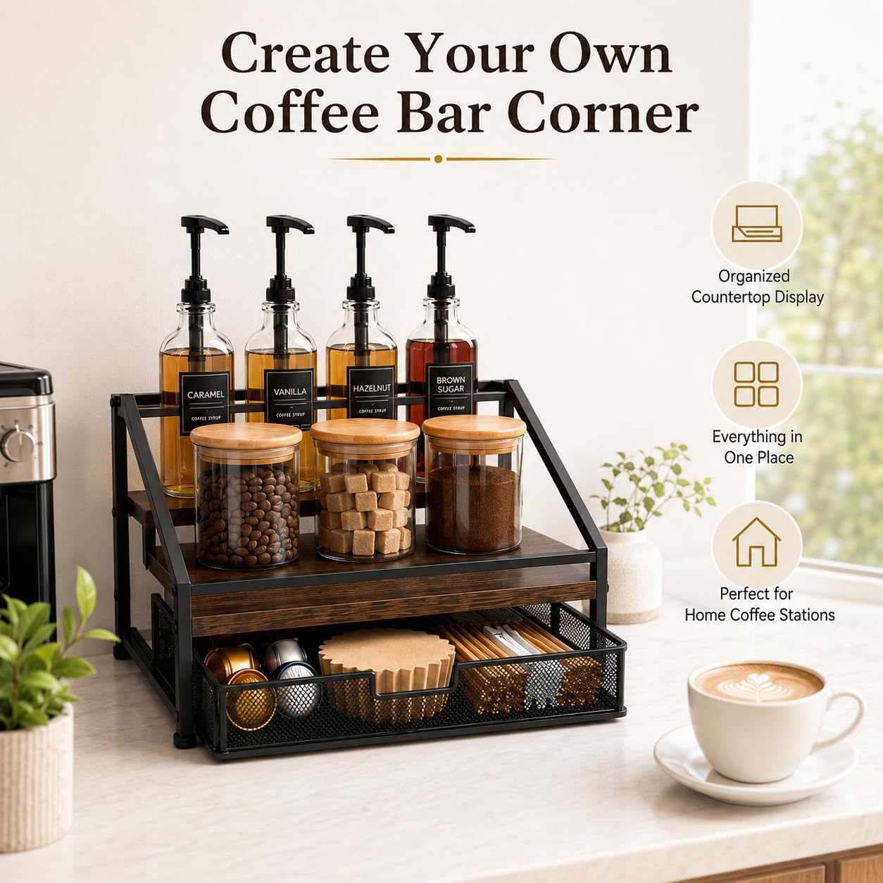 Coffee Bar Syrup Dispenser Set, 4 Pack 16.9oz/500ml Glass Syrup Dispensers with 1/4 oz Pumps & Stand, 2-Tier Coffee Bar Organizer Rack with 3 Storage Jars, 36 Labels, Brushes & Funnel