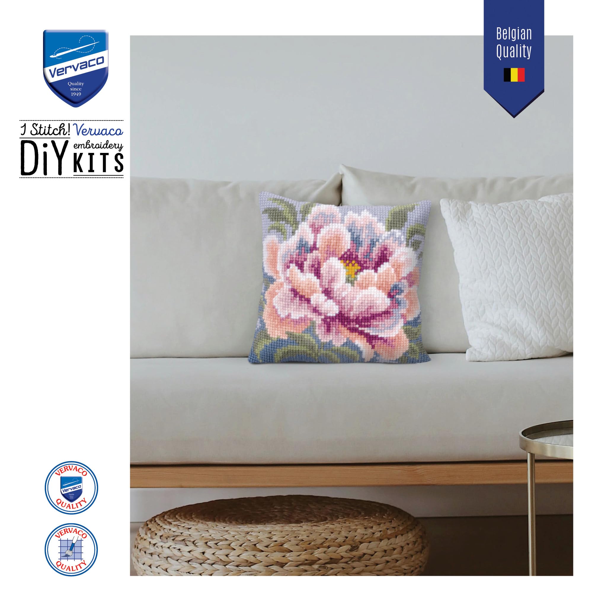 VERVACO Kit Cuscino Punto Croce Camelia Set Ricamo Principianti Cuscini Gobelin Decorativi ca. 40 x 40 cm Accessori per Lavoretti Creativi DIY Casa Decor Hobby Adulti Cross Stitch