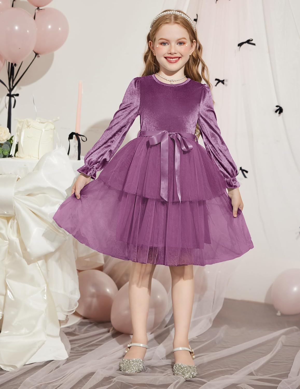 Arshiner Girls Velvet Tutu Dress Toddler Puff Long Sleeve Tiered Tulle Fall Winter Party Dresses with Ribbon - Image 6